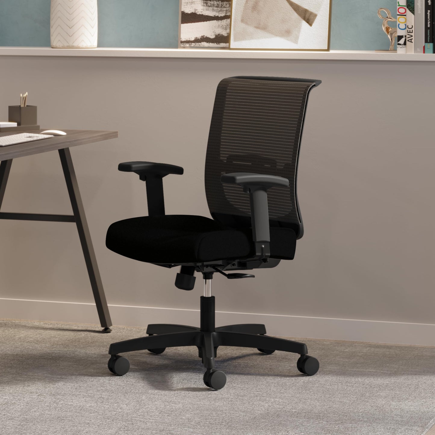 HON Convergence Ergonomic Office Chair, Breathable Back Support Mesh, Adjustable Arms, Computer Chair with Lumbar Support, Rolling Swivel Wheels, Comfortable Synchro-Tilt Recline, Fabric, Black