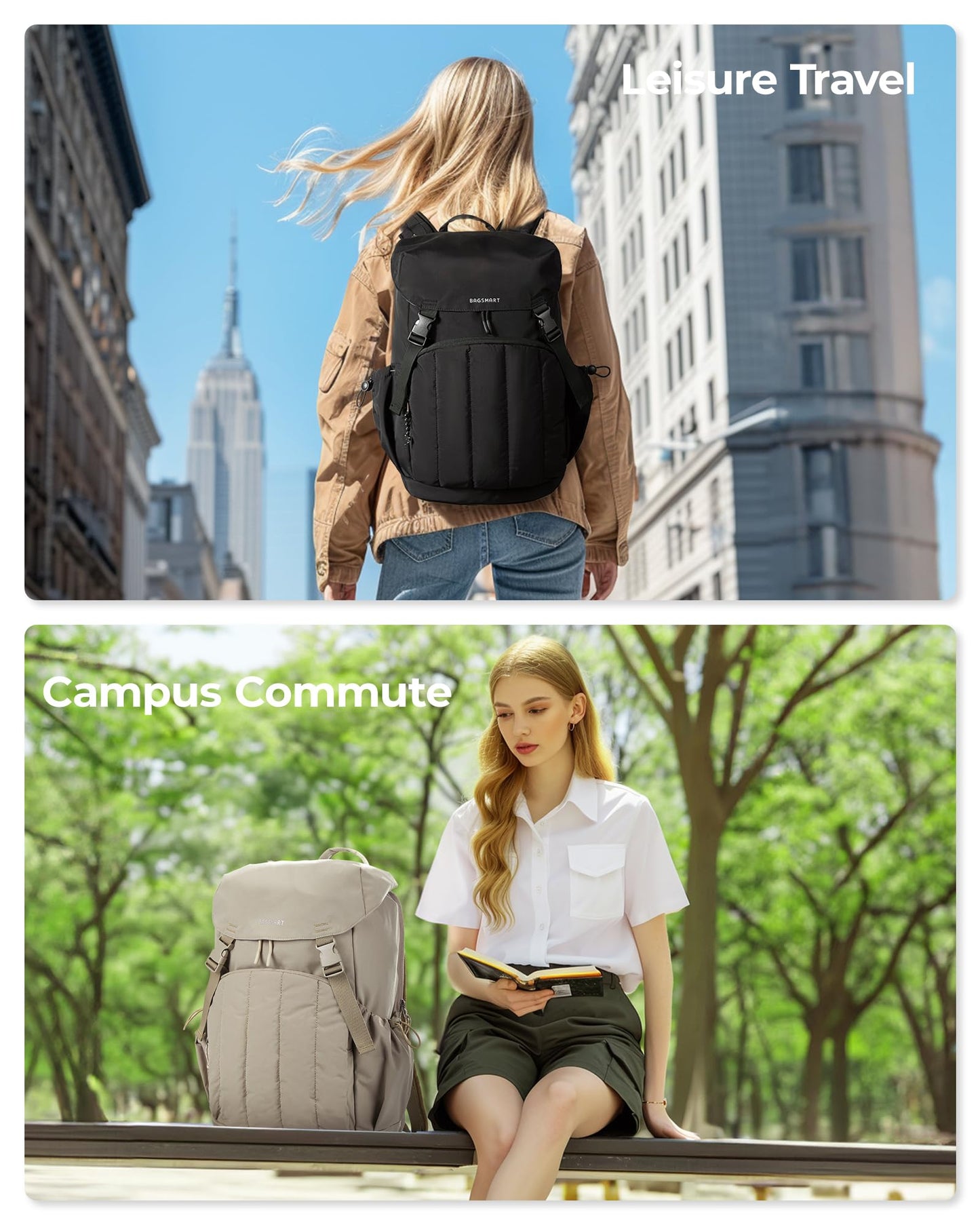 BAGSMART Backpack for Women, Wide Opening Travel Backpack, College Backpack for 15.6 Inch, Water-Resistant Quilted Daypack Lightweight Bookbag, Black