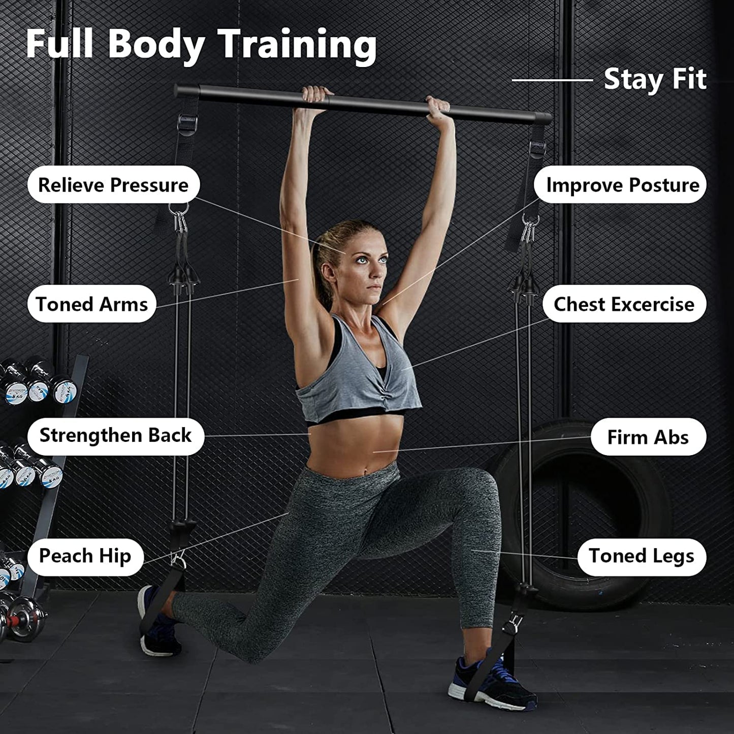 Pilates Bar Kit with Resistance Bands(4 x Bands),3-Section Pilates Bar with Stackable Bands Workout Equipment for Legs,Hip,Waist and Arm,Adjustable Pilates Flexbands Kit Home Gym Yoga Pilates Black