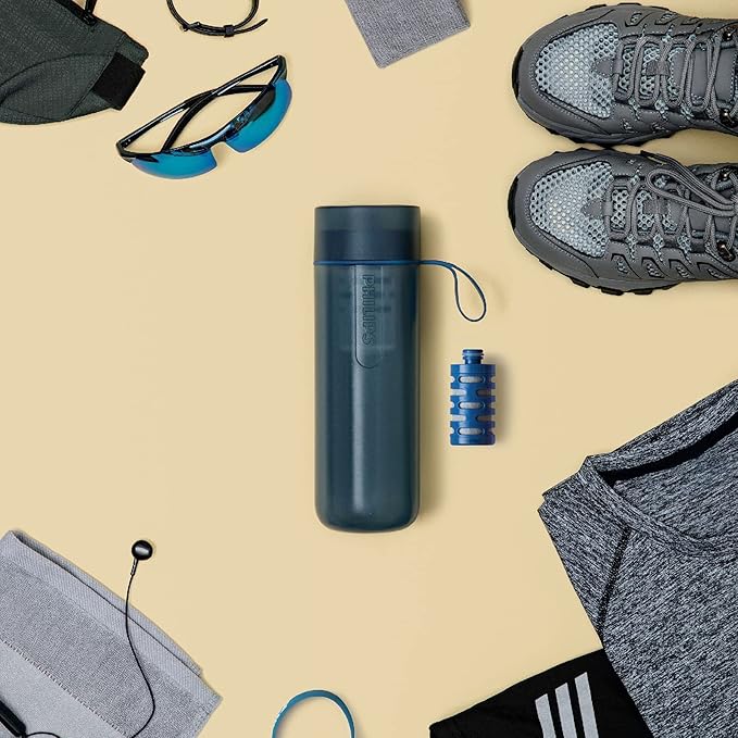 PHILIPS Water GoZero Active BPA-Free Water Bottle with Adventure River/Lake/Spring Water Filter for Hiking, Camping & Fitness Tap Water Filter for Gym, Sport Squeeze Bottle, Lightweight, Blue, 20 oz