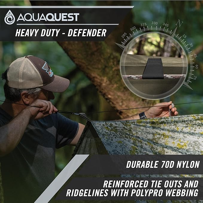AquaQuest Defender Camping Tarp - Heavy Duty Tent Shelter or Rain Fly - Waterproof Camping Essentials for Hiking, Bushcraft & Hammock, 10 x 10 ft, Woodland Camo