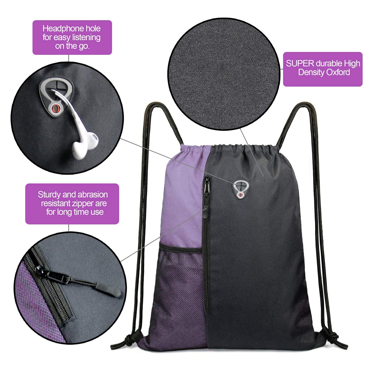 BeeGreen Lilac Drawstring Backpack Sports Gym String Backpack For Women Men Large Size Cinch Sack Workout Bag with Zipper and Water Bottle Mesh Pockets