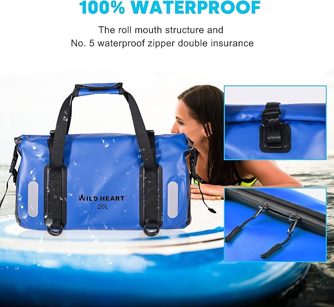 WILD HEART Waterproof Bag Duffel Bag 20L 30L 40L with Welded Seams Shoulder Straps, Mesh Pocket for Kayaking, Camping, Boating,Bicycle,Motorcycle