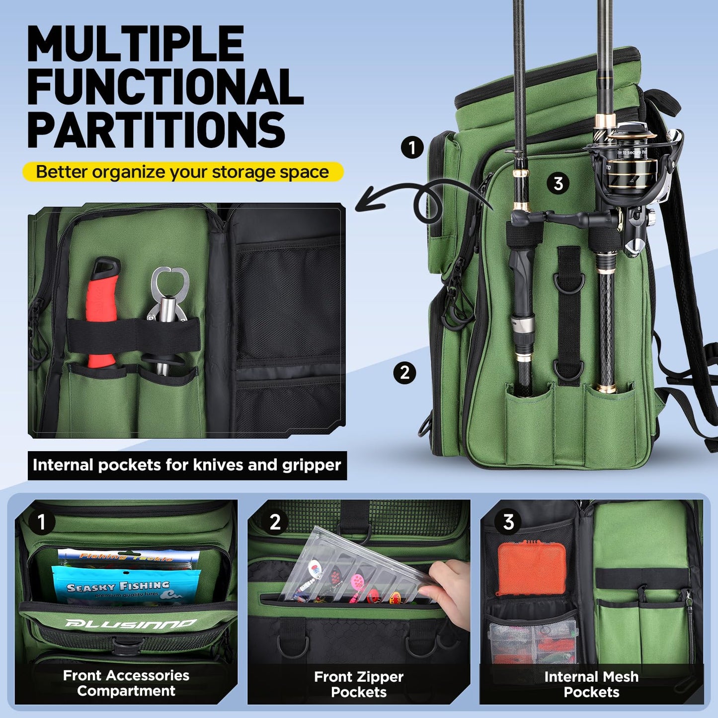 PLUSINNO Fishing Backpack with Rod Holders, 42L Water-resistant Fishing Tackle Bag With 4 Tackle Boxes,Fishing Gear For Camping, Hiking, Fishing Gifts for Men Green