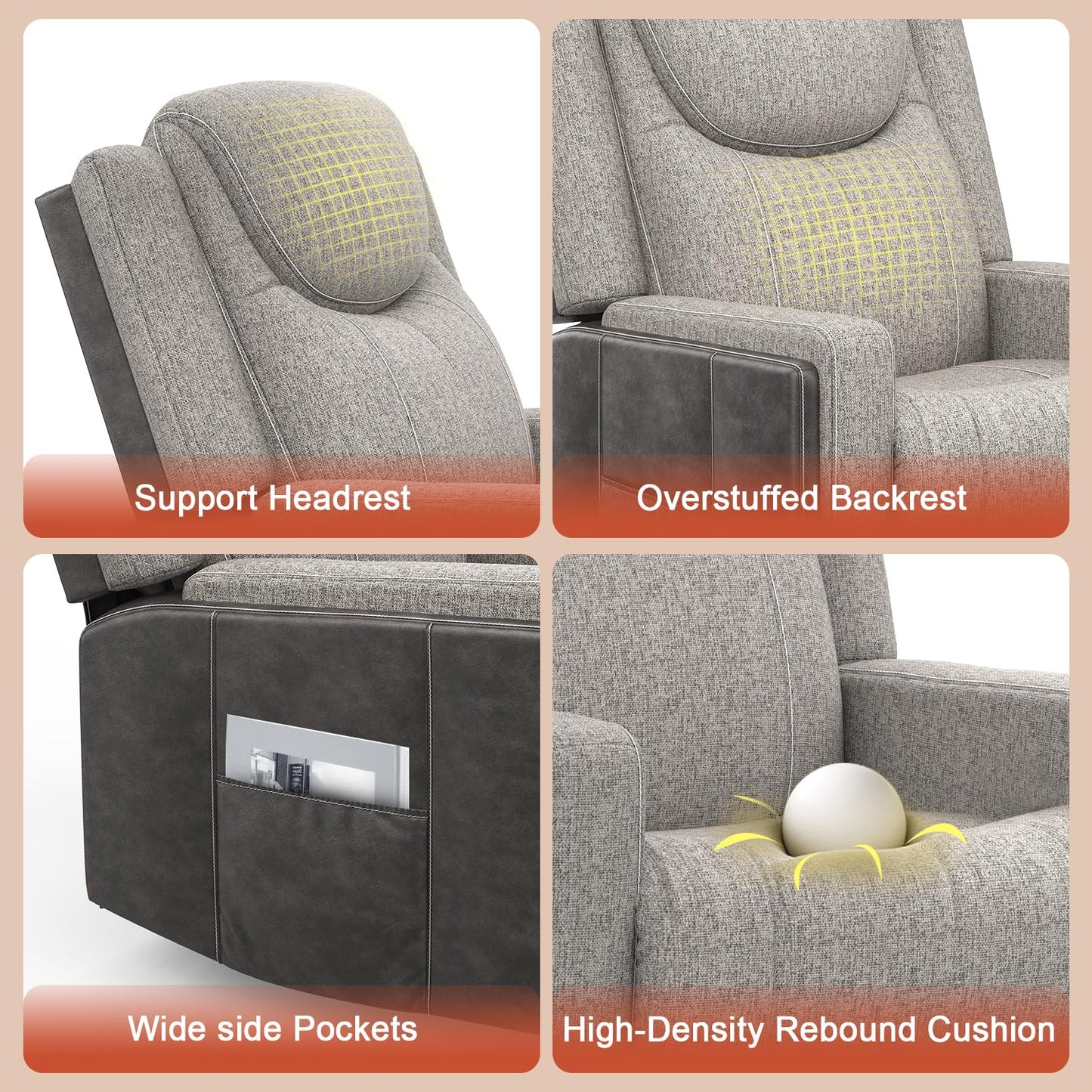 Dresegmt Oversize Manual Recliner Chair for Adults, Extra Wide Single Reclining Sofa Chair with Ergonomic, FSC Certified, Grey Linen-Blend & Chocolate Leather Scandinavian Chic for Living Room, RV