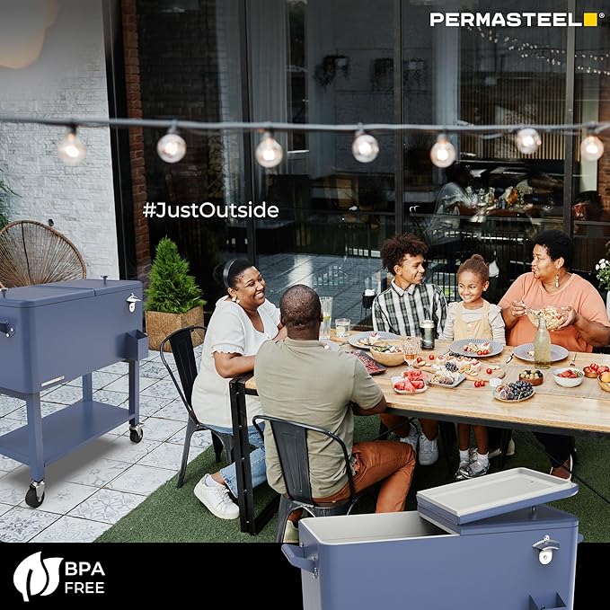 Permasteel Party Cooler with Removable Basin, Spacious 80-Qt Capacity, Rolling Ice Chest for Indoor and Outdoor Entertainment Azure + Bonus Cover