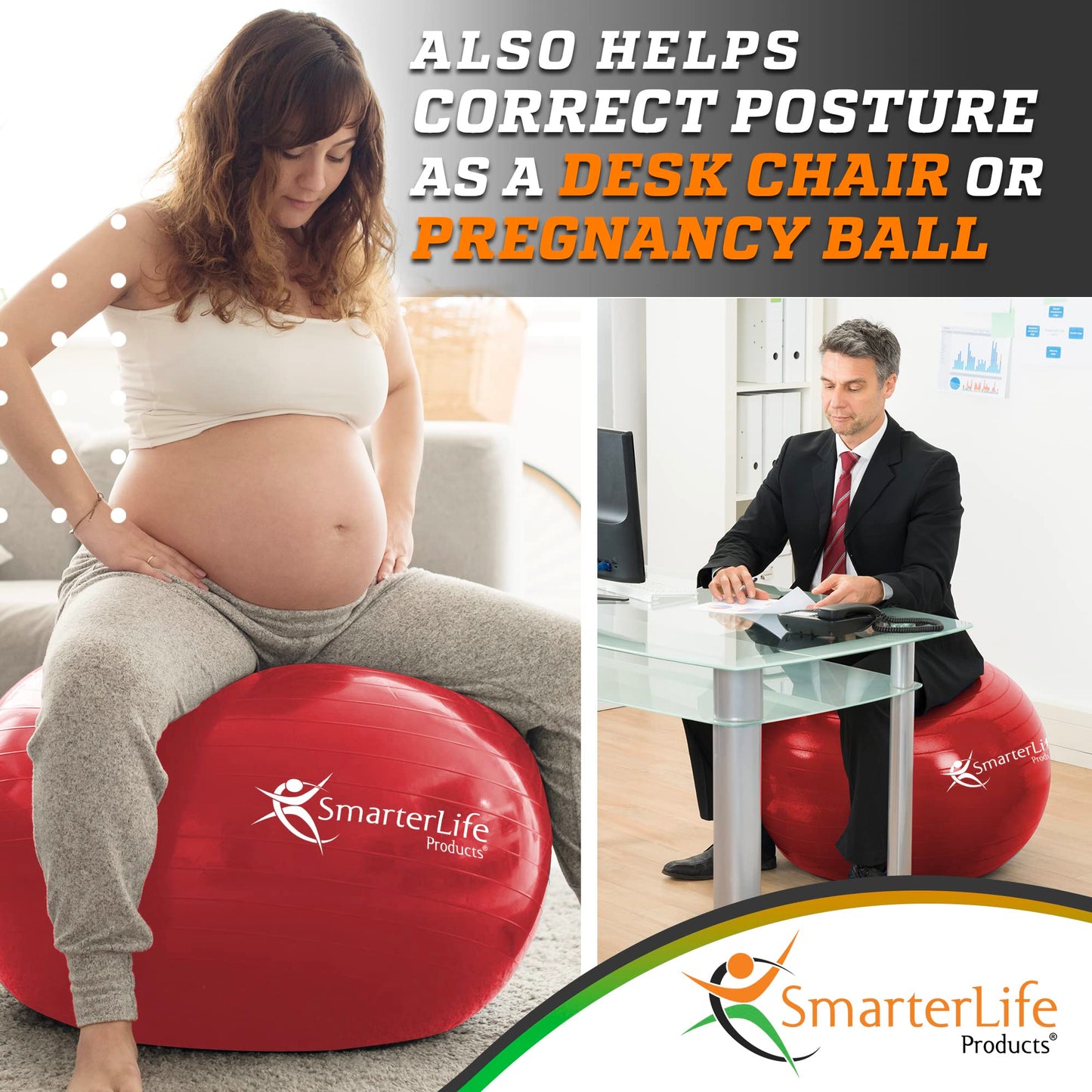 SmarterLife Workout Exercise Ball for Fitness, Yoga, Balance, Stability, or Birthing, Great as Yoga Ball Chair for Office or Exercise Gym Equipment for Home, Non-Slip Design (45 cm, Red)