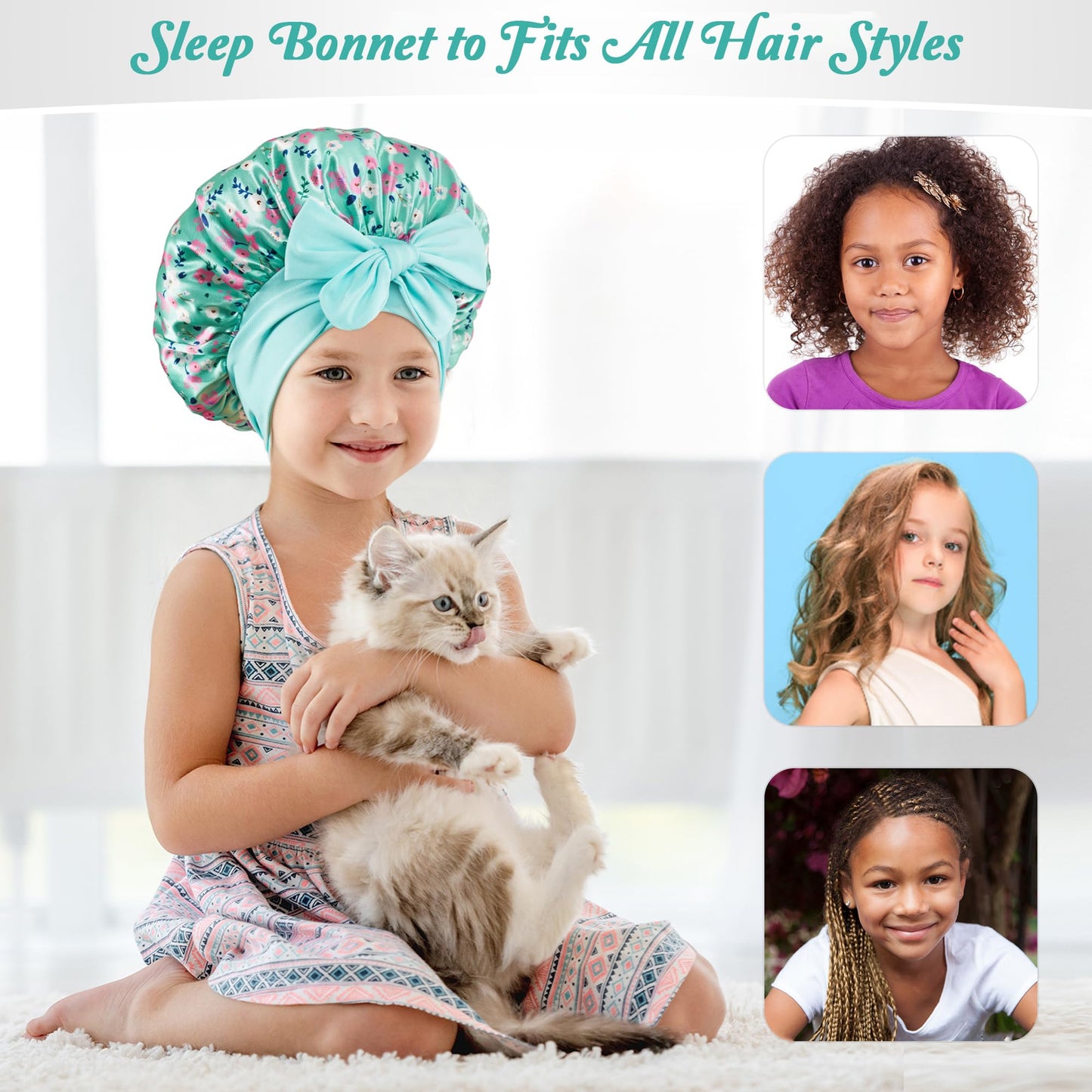 choshion 2 PCS Kids Bonnets for Girls, Silk Bonnet for Kids, Satin Silk Hair Bonnet for Sleeping with Tie Band, Baby Toddler Teens Child Sleep Cap for Curly Hair Braids