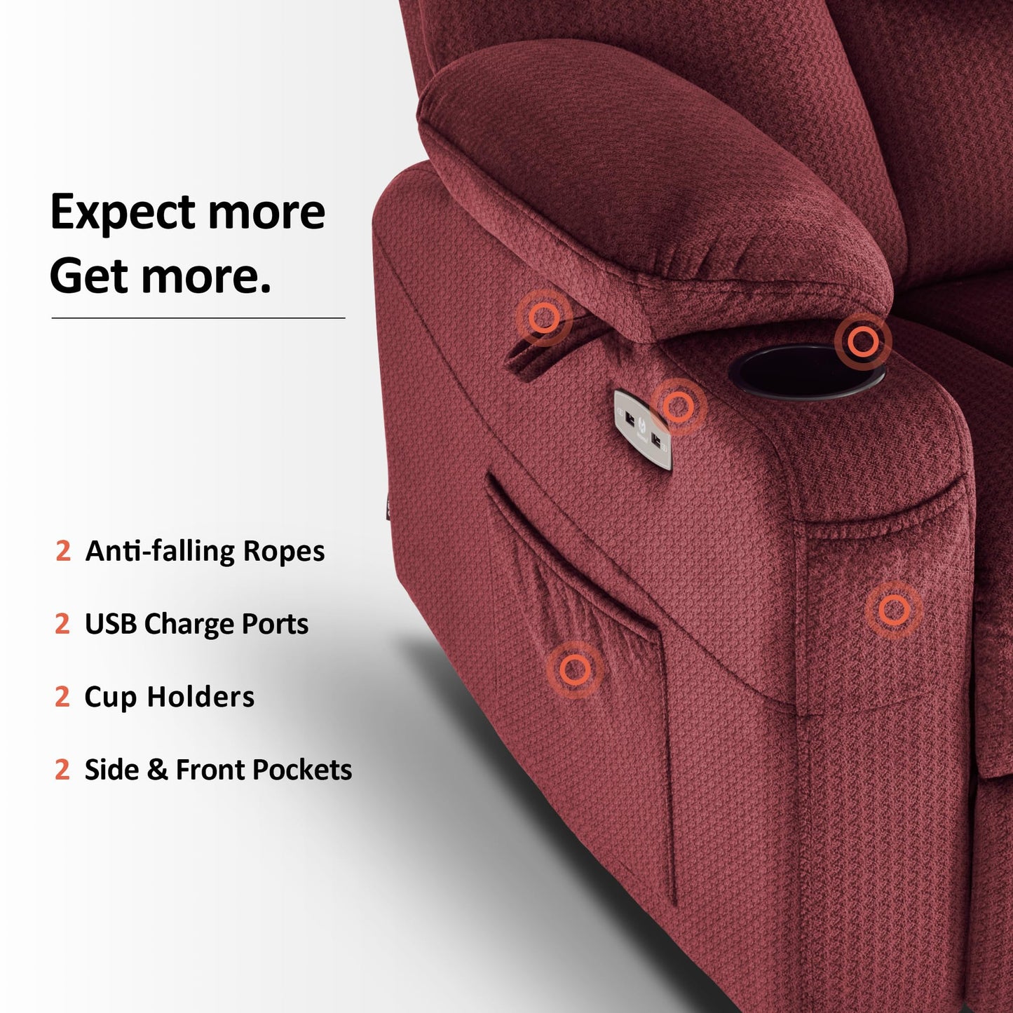 MCombo Oversized Power Lift Recliner Chair Sofa with Massage and Heat for Elderly People Petite, USB Ports, Side Pockets, Fabric R7561 (Burgundy, Small-Oversize)
