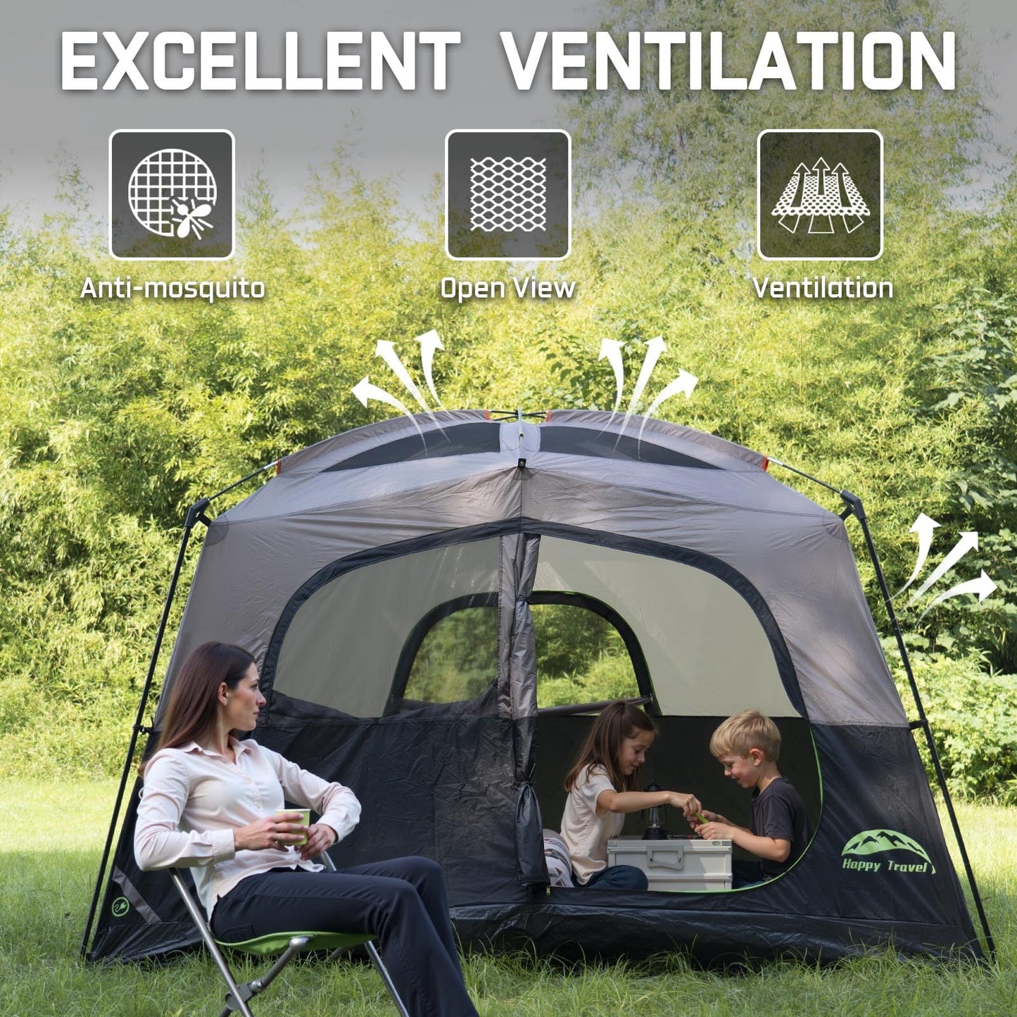 Happy Travel Tent 6 Person Tents for Camping, Waterproof Easy Setup Camping Tent with Rainfly, Portable Large Family Cabin Tent with 5 Large Mesh Windows and Carry Bag for Outdoor Camping & Hiking
