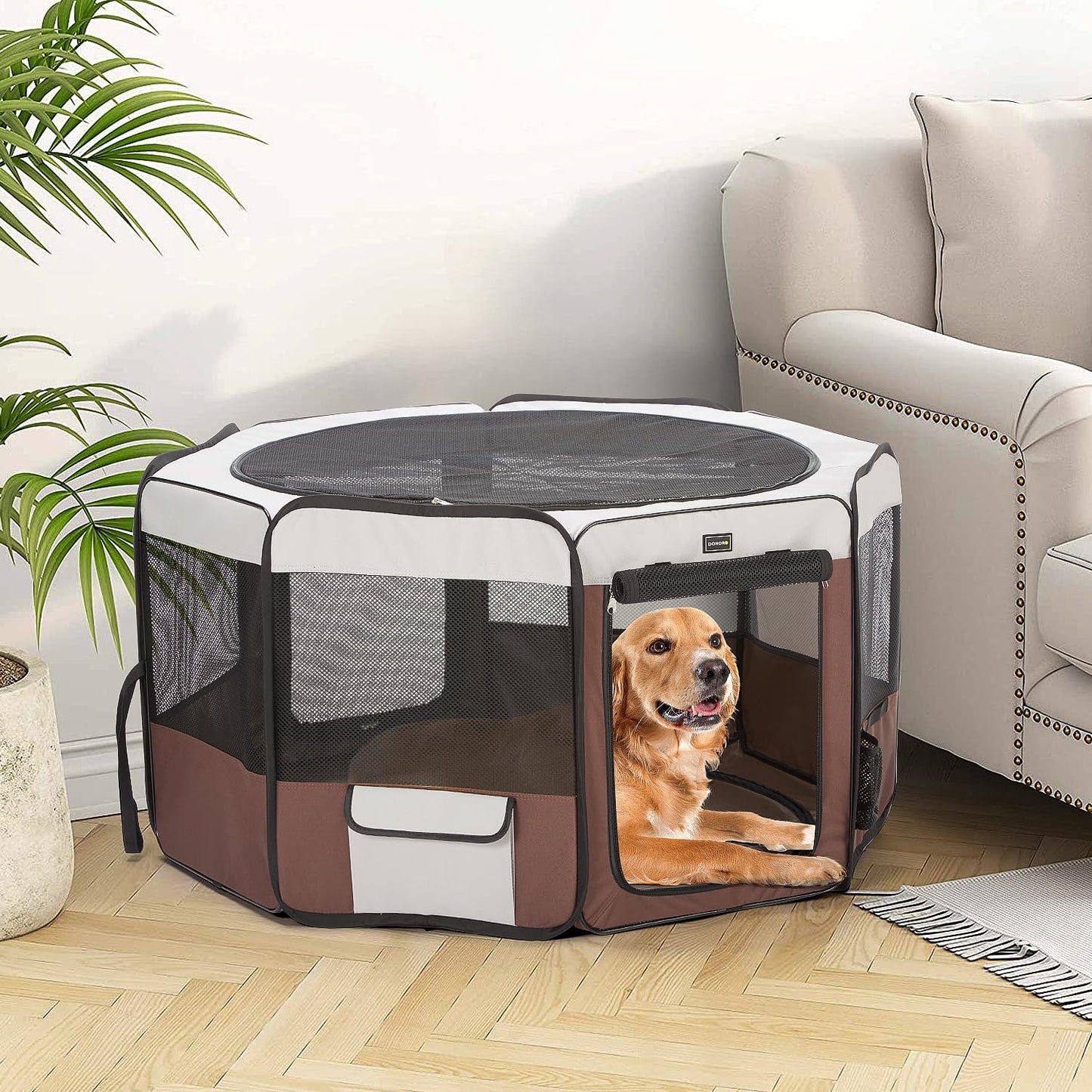DONORO Dog Playpen 46" Portable Pet Play Pens for Small Medium Dogs, Foldable Exercise Kennel Tent Crate Indoor/Outdoor Travel Camping, Removable Top/Bottom (Brown, Large (46"x46"x23"), 8)