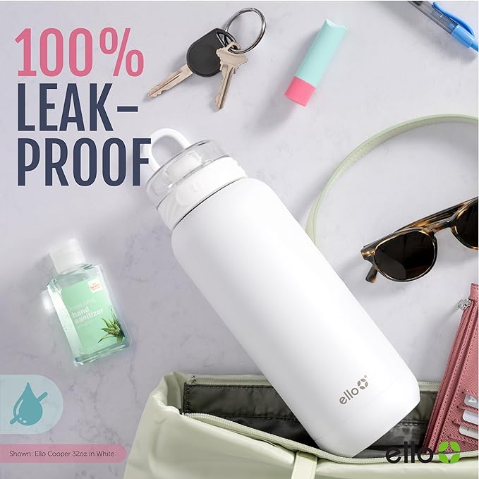 Ello Cooper 32oz Stainless Steel Water Bottle with Straw and Carry Handle, Double Walled and Vacuum Insulated Metal, Leak Proof Locking Lid with Soft Silicone Spout, Reusable, BPA Free, Grey