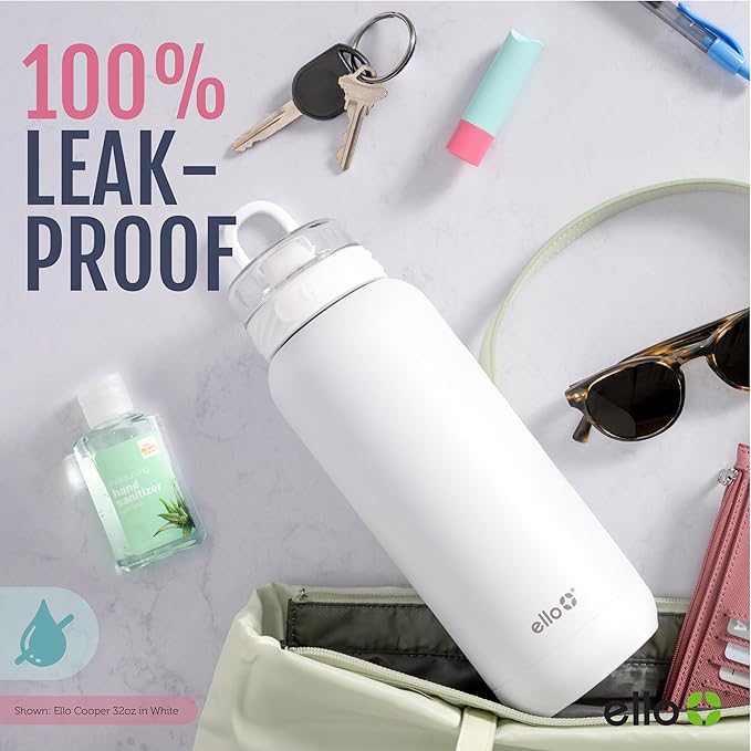 Ello Cooper 22oz Stainless Steel Water Bottle Vacuum Insulated with Straw and Carry Handle, Leak Proof Locking Lid with Soft Silicone Spout, Fits Car Cupholder, Dishwasher Safe, Acorn Squash