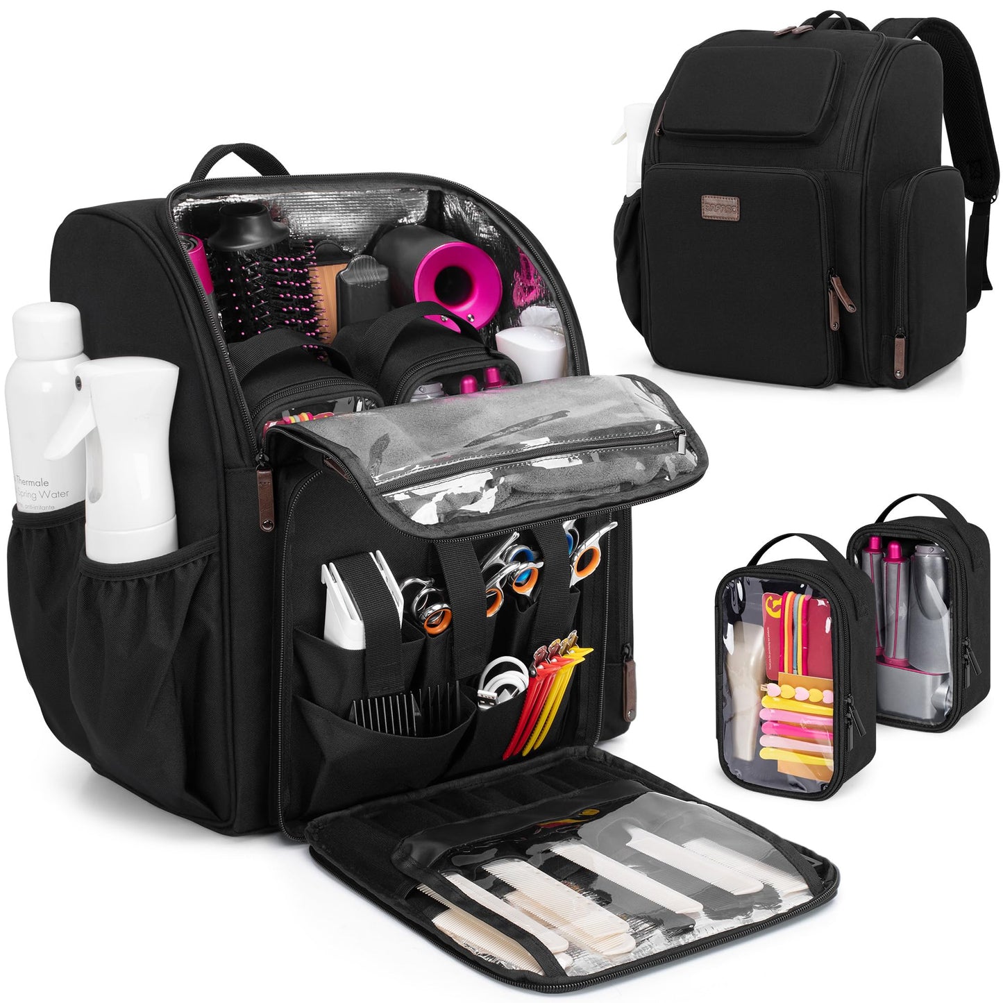 BAFASO Large Capacity Insulated Barber Case with a Semi Detachable Divider and 2 Removable Pouches, Hairstylist Traveling Bag with Multiple Pockets Holds Barber Styling Tools, Black