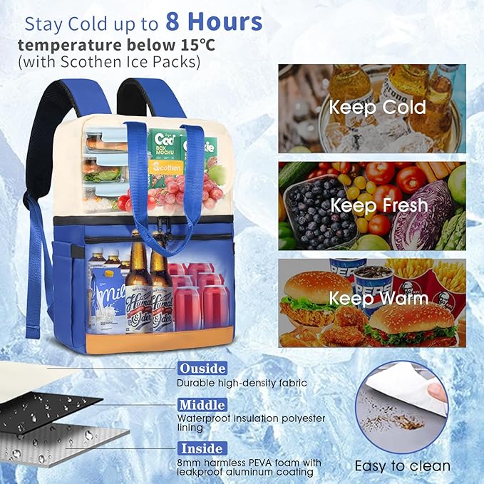 Backpack Cooler with Double Decker & 12 Ice Packs- Keeps 36 Cans Cold for Up to 24 Hours- Waterproof & Leak Proof Insulated Cooler Backpack- Stylish Cooler Bookbag for Women Travel Work Beach