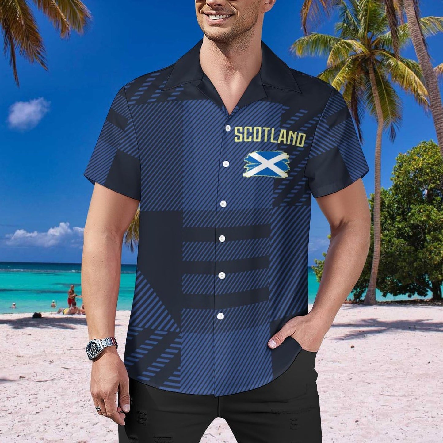 GIF4FOT Custom 2024 Scotland Soccer Cuban Neck Shirt Hawaii Short Sleeve Personalized Name Number for Men Sports Gift, Small