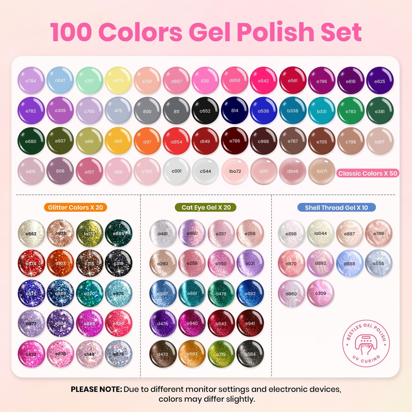 Beetles Gel Nail Polish Set, 119 PCS 100 Colors Gel Polish Kit Base Glossy Matte Glitter Top Coat Gel Polish Pastel Glitter Pearl Cat Eye White Red Pink Nude Green Blue Gel Valentines Gift for Women