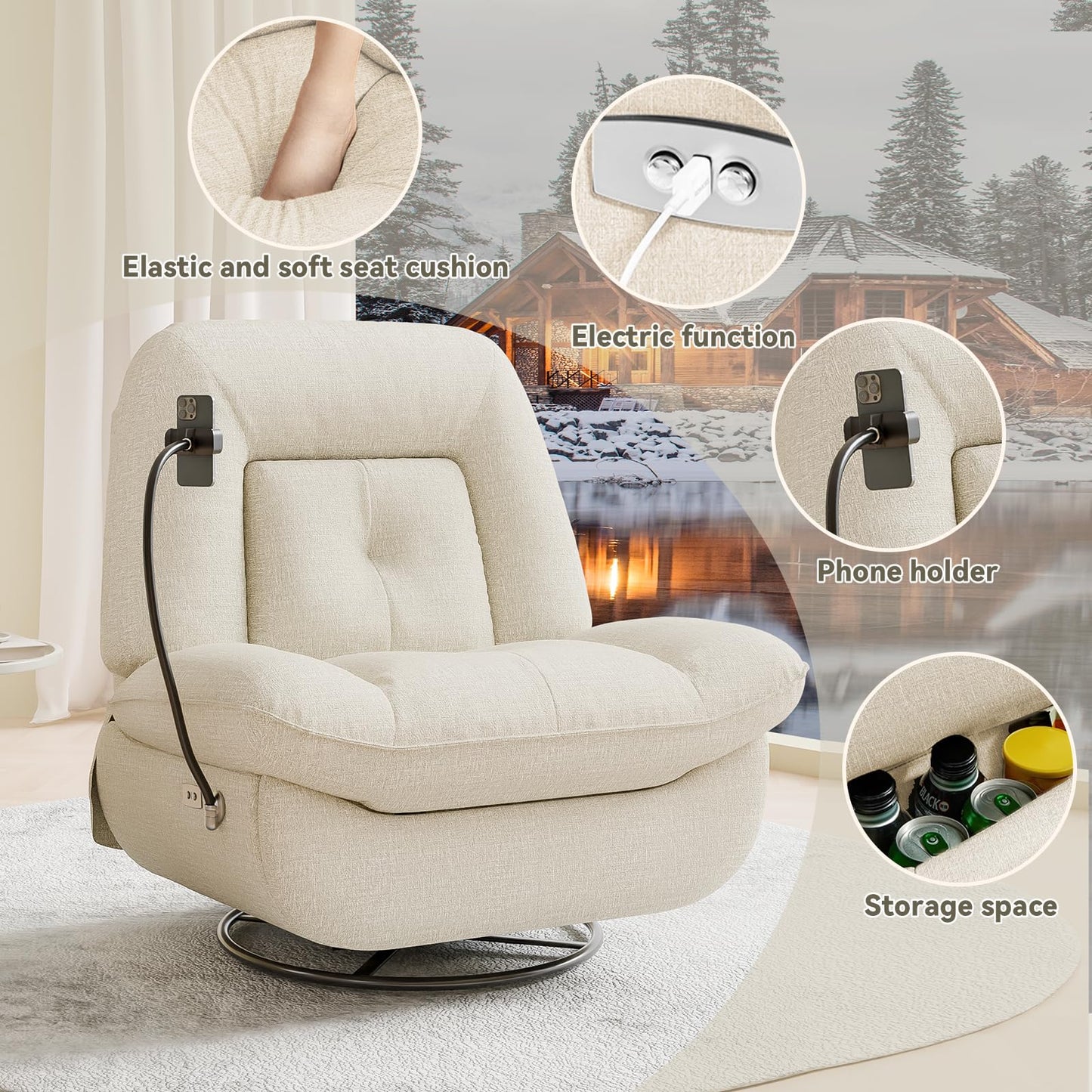 Oversized Power Swivel Rocker Recliner Chair - USB Port, Recliner Chairs for Adults, Reclining with Phone Holder, Hidden Storage, Designed for Effortless Movie Nights & Relaxation (White)
