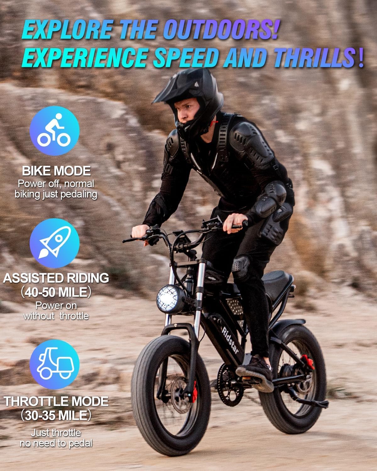 Ridstar Electric Bike for Adults, 1000/2000W, 25/30/37MPH,48V-52V, 20AH,40AH Battery, Max 50-180 Miles Electric Motorcycle, 20" Fat Tire Dirt Bike, Shamano 7-Speed E-Bike