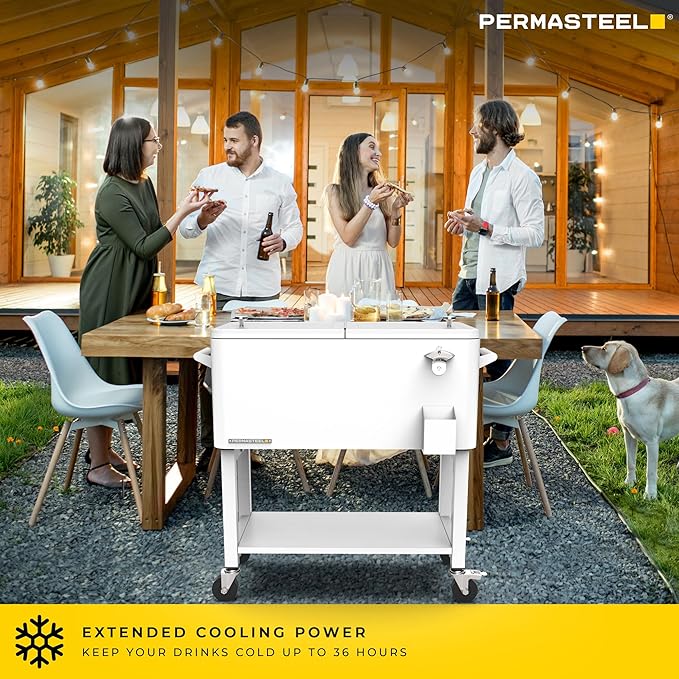 Permasteel Party Cooler with Removable Basin, Spacious 80-Qt Capacity, Rolling Ice Chest for Indoor and Outdoor Entertainment White + Bonus Cover