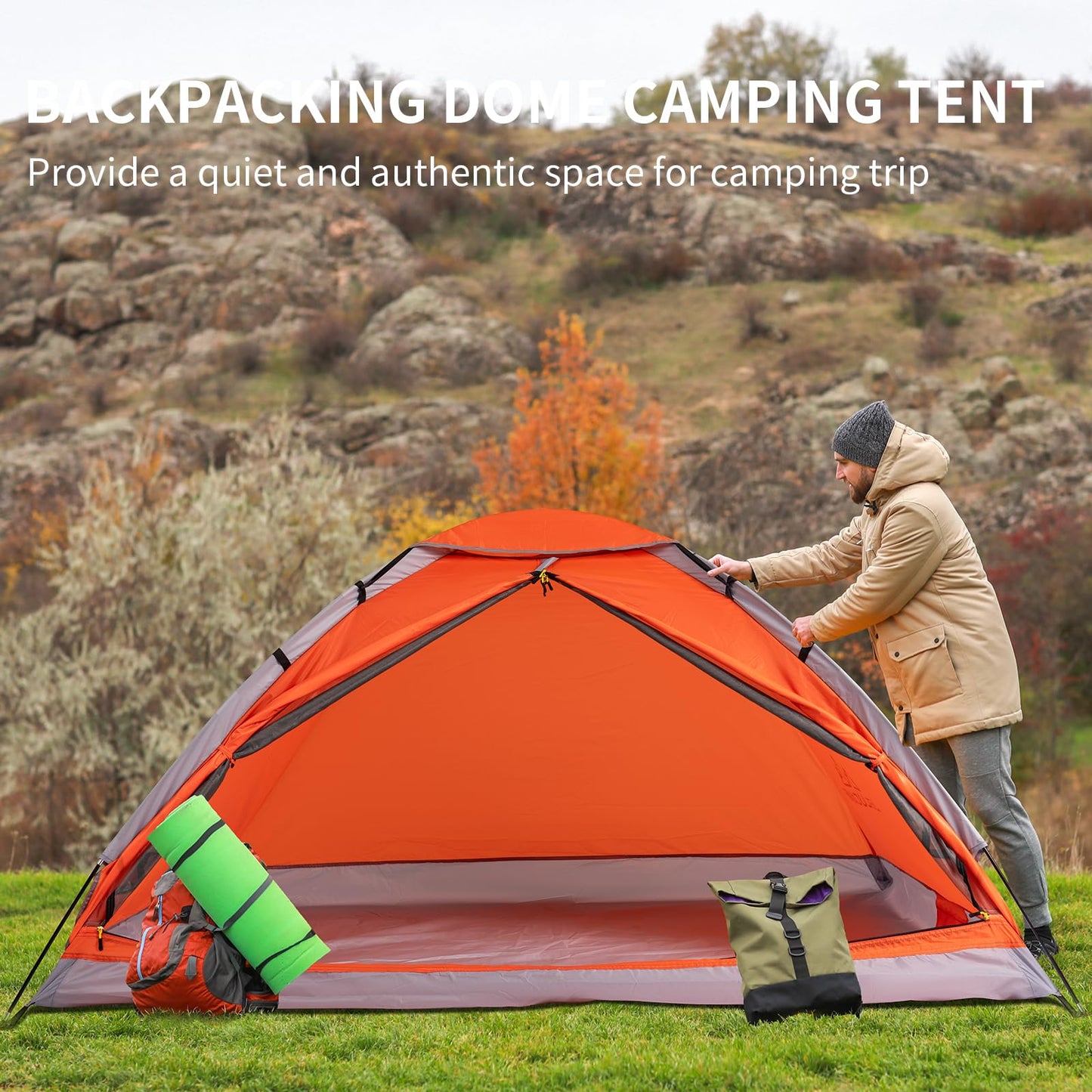 JELUCAMP 1/2 Person Dome Tents for Camping, Lightweight Portable Single Backpacking Tent, Small Easy Setup Outdoor Waterproof Camping Hiking Tent for Adults, 2 Person Tent, Orange