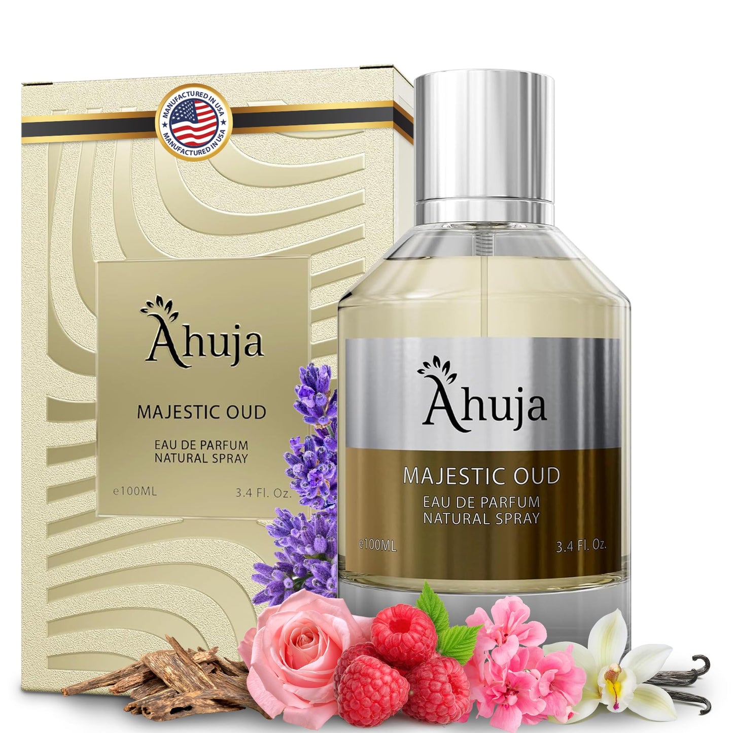 AHUJA Majestic Oud Eau De Parfum For Men & Women 3.4 fl oz, Long Lasting Luxury Fragrance for Him and Her, Unisex Perfume Enduring Nature Scents - Oud, Vanilla, Raspberry, Rose, Peony, Wood, Patchouli