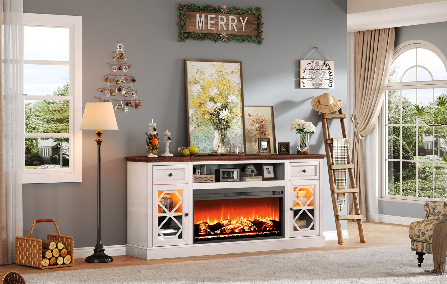 AMERLIFE Farmhouse Fireplace TV Stand with 37" Electric Fireplace for 80 Inch TVs, Large LED Media Entertainment Center with Drawers, 31" Tall Highboy TV Console Cabinet with Door, Living Room, White