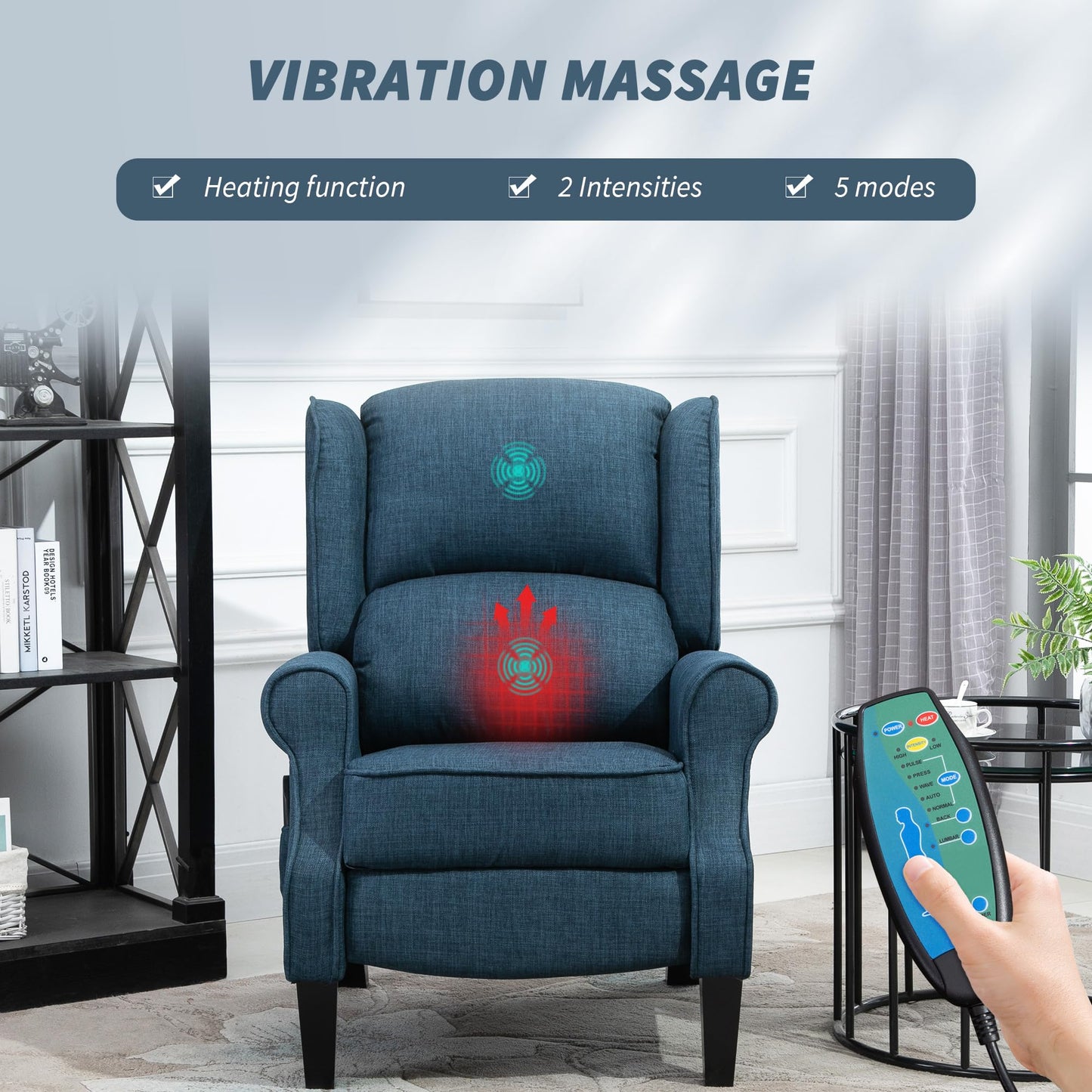 HOMCOM Vibration Massage Recliner Chair for Living Room with Heat, Wingback Single Sofa, Modern Linen Fabric Push Back Reclining Chair with Footrest, Side Pocket, Beige, Blue