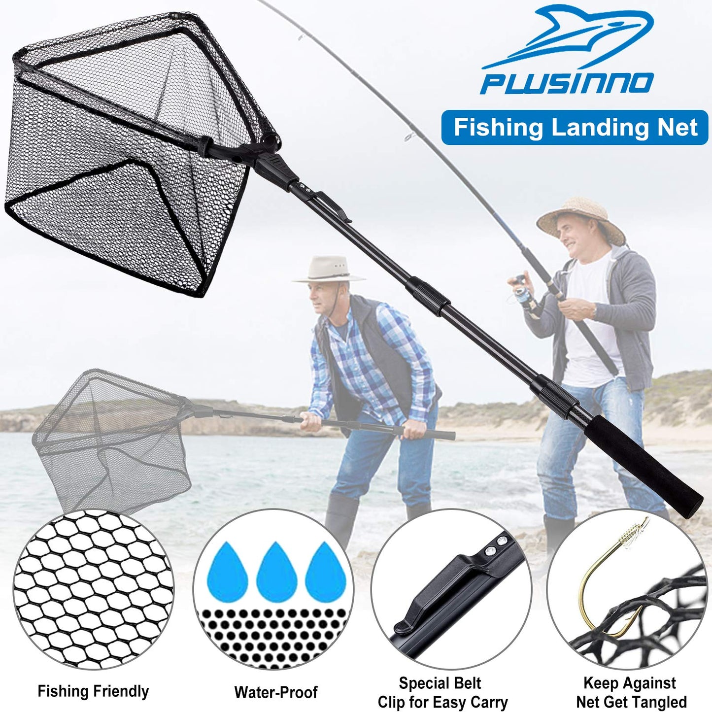 PLUSINNO Fishing Net Fish Landing Net, Foldable Collapsible Telescopic Pole Handle, Durable Nylon Material Mesh, Safe Fish Catching or Releasing (16.2")