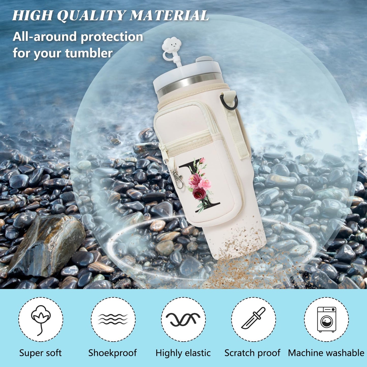 Sunegg Initial Water Bottle Carrier Bag for Stanley 40 oz Tumbler with Handle, Water Bottle Holder Pouch with Phone Pocket, Straw Cover & Carabiner, Nice Accessories for Stanley Cup(Cream S)