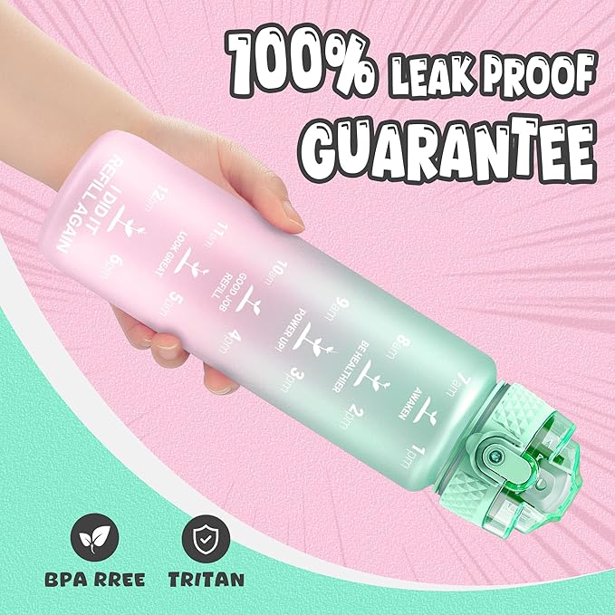 OLDLEY Kids Water Bottle for School, 17 oz (Straw Lid) BPA-Free Reusable Leak-proof Durable Tritan Plastic Water Bottles with One-handed Opening Straw Lids, Anti-dust Spout Cover (Mintpink)