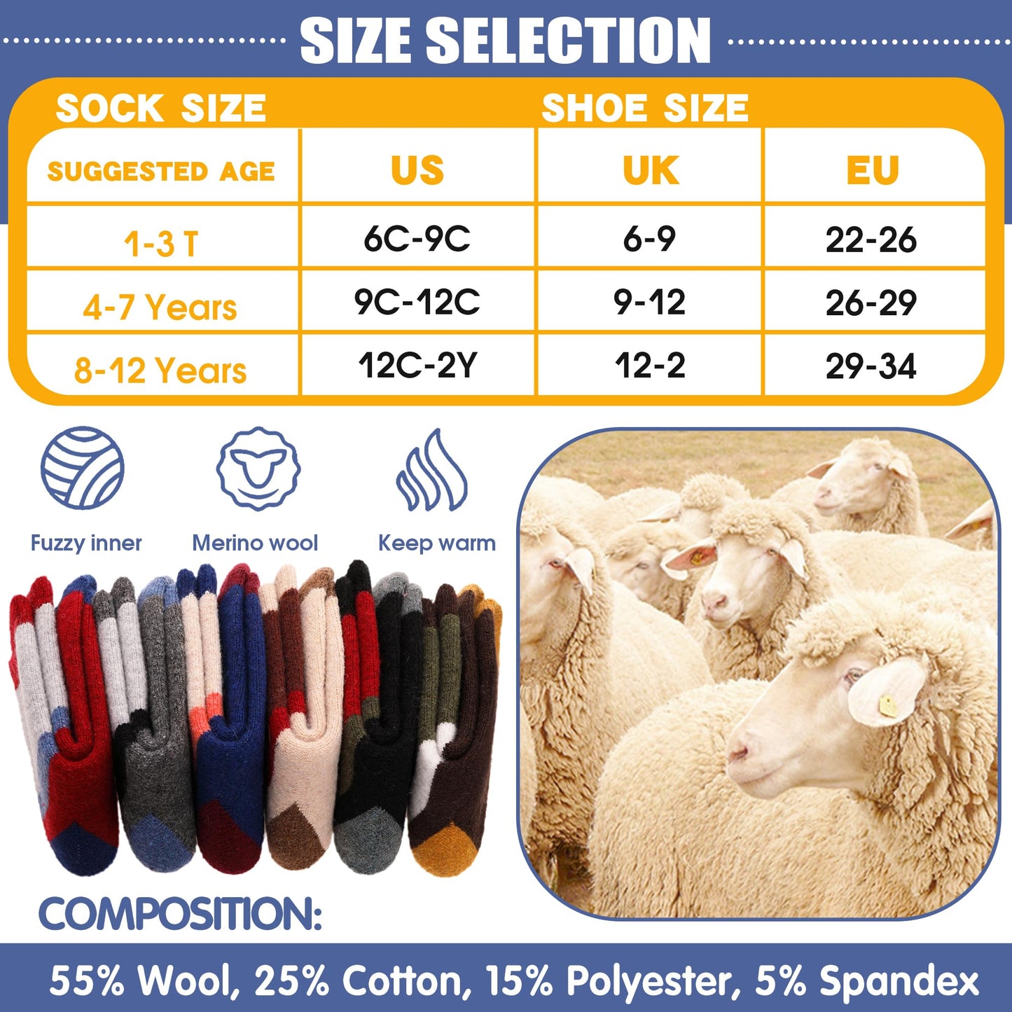 ANTSANG Kids Wool Hiking Socks Toddlers Boys Girls Warm Thick Thermal Crew Boot Heavy Cozy Snow Cabin Winter Gift Snowboarding Socks 6 Pairs(Color Striped D,4-7 Y)