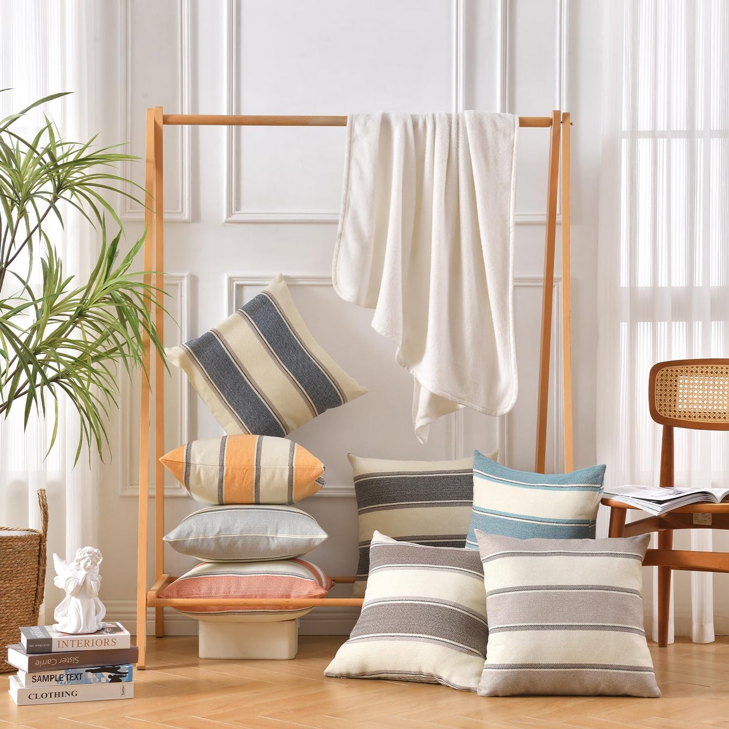 AmHoo Pack of 2 Farmhouse Linen Throw Pillow Cover Cushion Stripe Decoration Buffalo Retro Pillowcase with Hidden Zipper for Sofa Bedroom Car 16 x 16 Inch Yellow