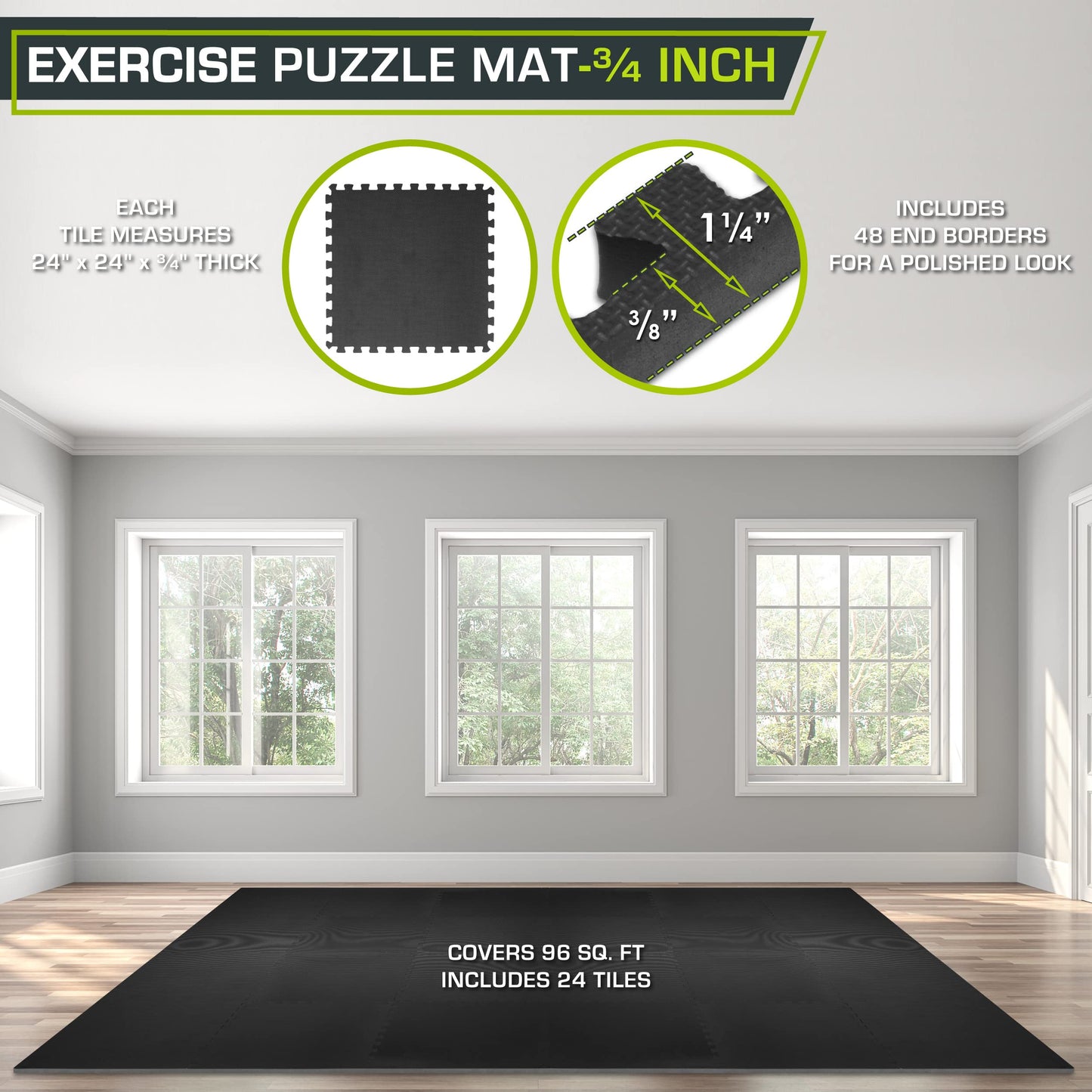 ProsourceFit Extra Thick Puzzle Exercise Mat , EVA Foam Interlocking Tiles for Protective, Cushioned Workout Flooring for Home and Gym Equipment, Black - 3/4 inch - 96 Sq Ft - 24 Tiles