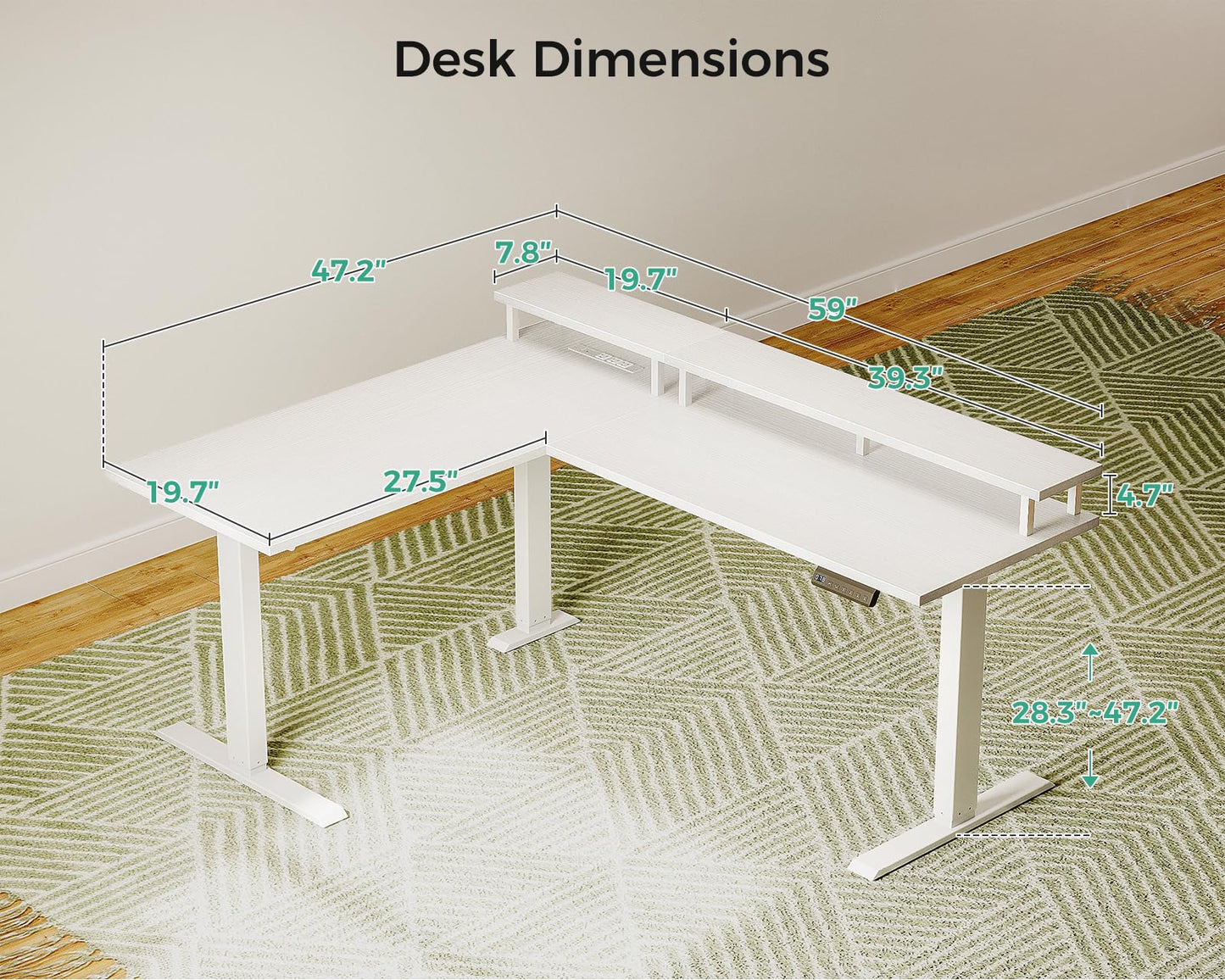 AODK Electric L-Shaped Standing Desk, 59 Inch Height Adjustable Office Desk with Monitor Stand, Sit-Stand Desk with Power Outlets, Large Lift Table for Home, Office, Workstation, White