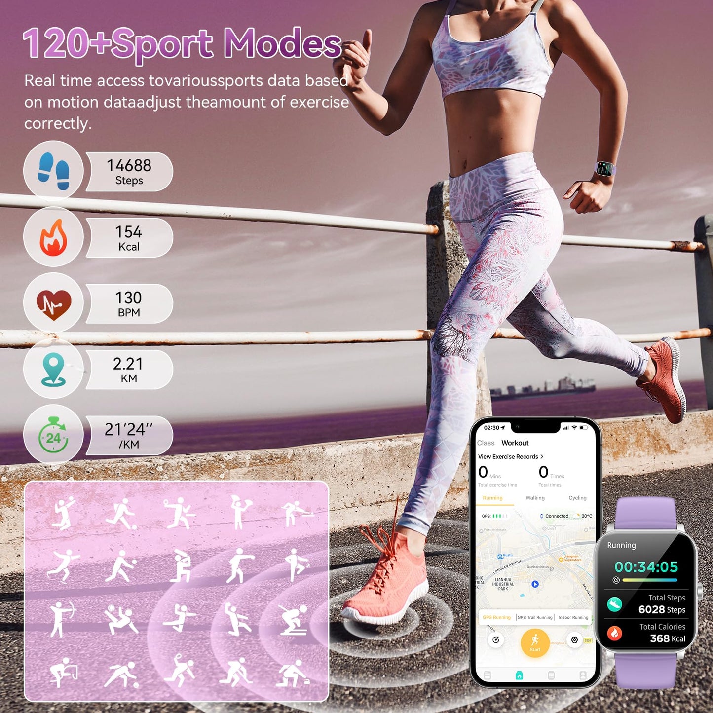 Smart Watch, 1.85" HD Smartwatch for Men Women (Answer/Make Calls), Fitness Watch with Heart Rate/Sleep/IP68 Waterproof/120+ Sports Modes, Pedometer, Android Smart Watch for Android iOS (Purple)