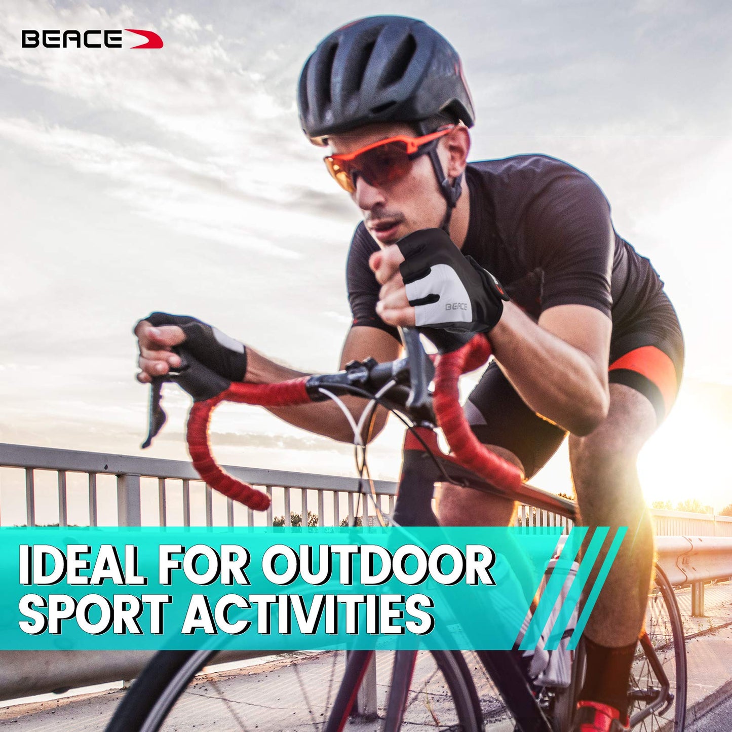 BEACE Cycling Gloves Bike Gloves Biking Gloves Half Finger MTB Road Bicycle Gloves for Men and Women-Breathable Anti-Slip Shock-Absorbing Pad Motorcycle Mountain Bike Gloves (Red, L)