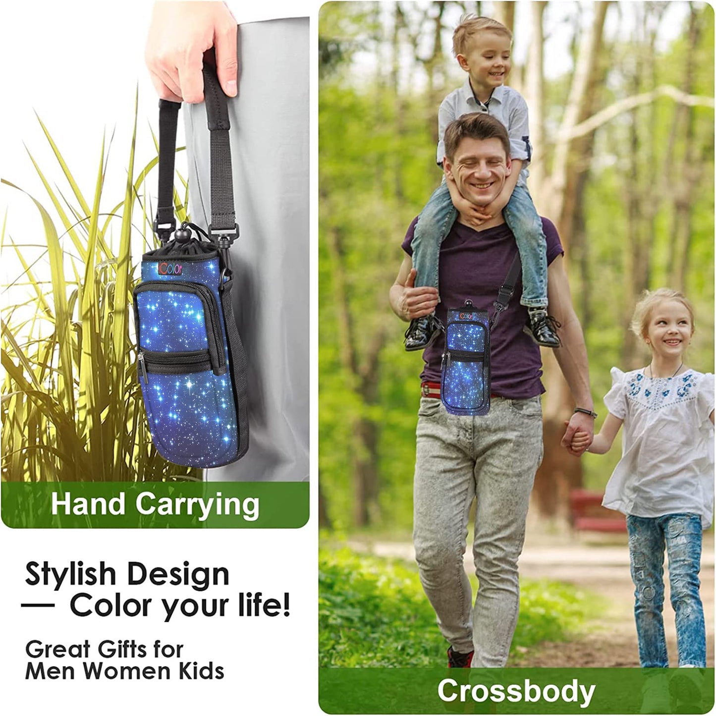 icolor Water Bottle Carrier Bag Holder 25/32/40/64oz,Adjustable Padded Shoulder & Handle Strap Sports Sling Hiking Pack,Insulated Neoprene Wide Mouth Bottle Sleeve