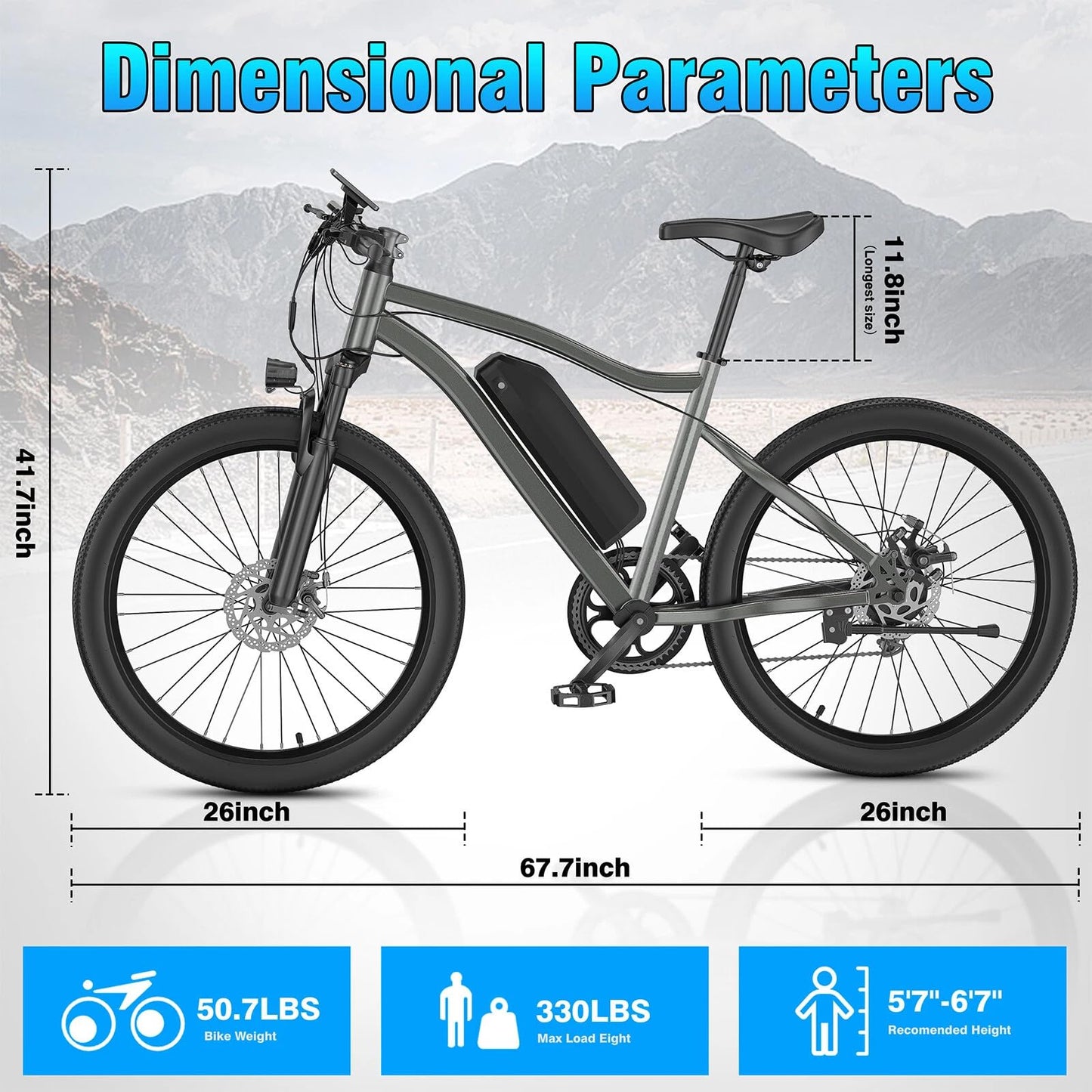 Electric Bike for Adults,Peak 520W Motor Electric Mountain Bike,26" Electric Bike 40Miles 20MPH, 36V Removable Battery with 7-Speed, LCD Display, Dual Disc Brakes & Front Fork Suspension (Grey)