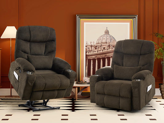 CDCASA Oversized Dual Motor Lay Flat Power Lift Recliner Chair with Massage, Heating, Textile Infinite Position Large Recliner Chairs for Big & Elderly People, USB & Type-C Ports,2 PCS, Brown