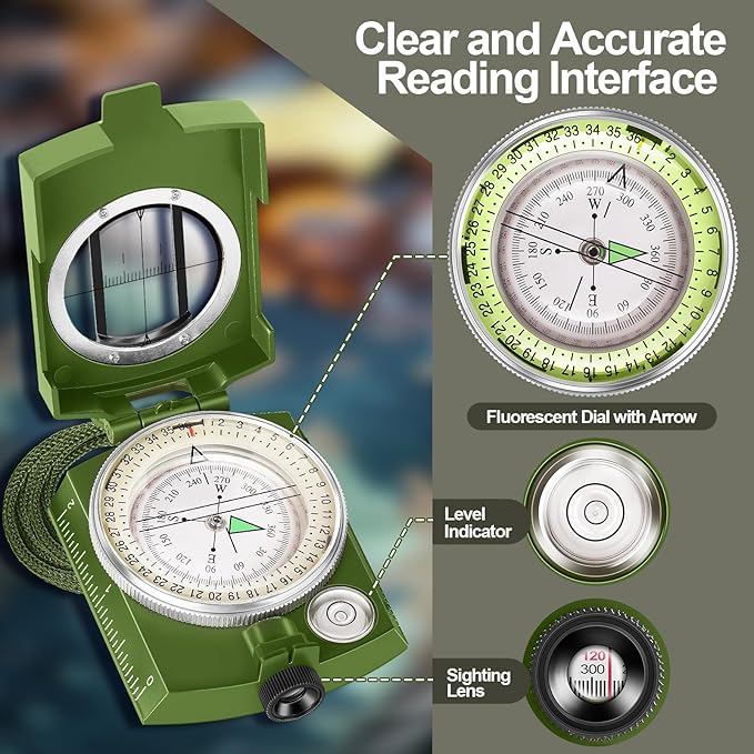 Compass Hiking Survival Military Grade for Hiking, Camping, Map Navigation, Showjockey Waterproof Lensatic Tactical Survival Compass with Pouch & Lanyard, Lightweight