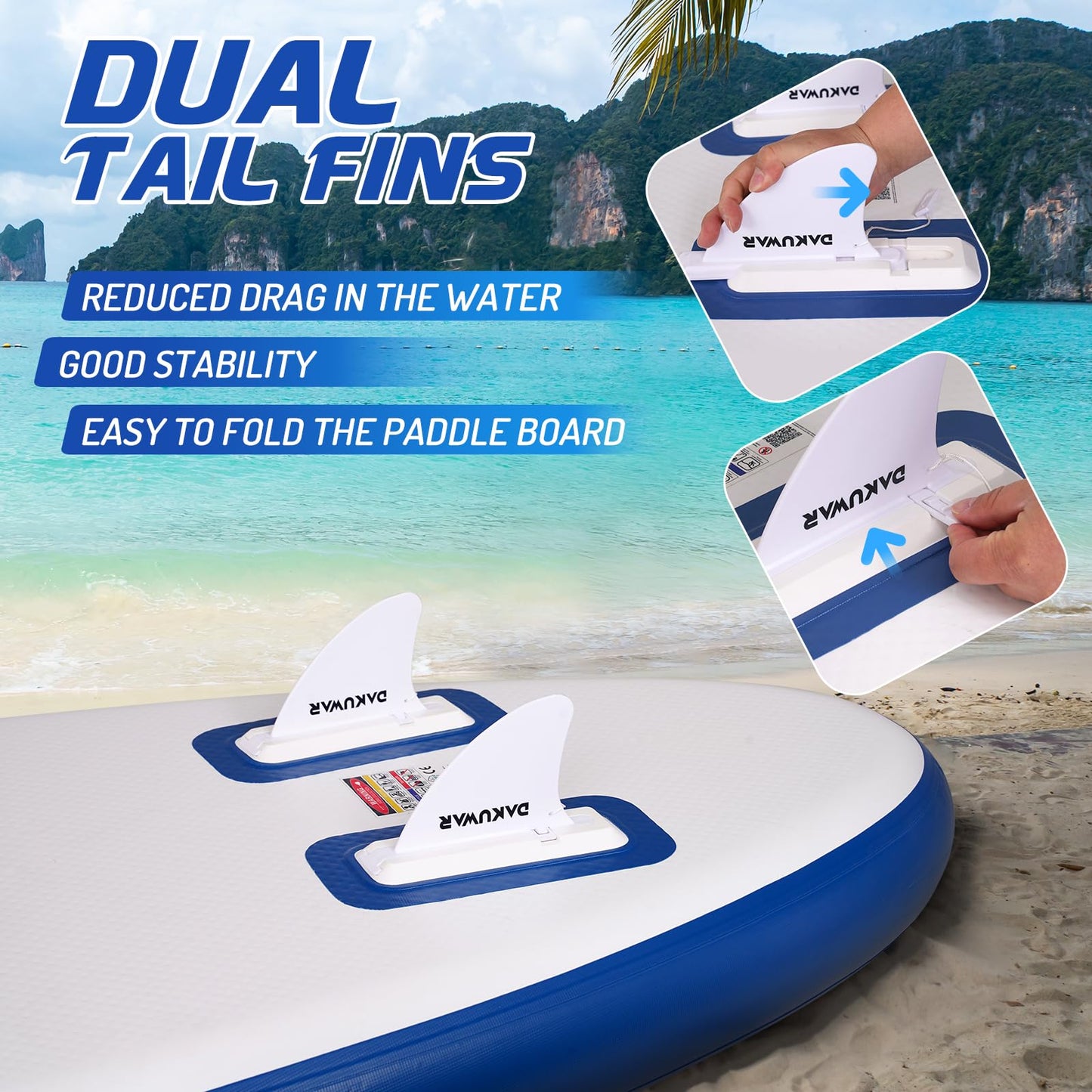 DAKUWAR Inflatable Paddle Board 10'x31.5''x6'' Folding Stand up Paddle Boards with SUP Accessories Valve Adaptor/2 fins/SUP Backpack/Ankle Leash/Repair Kit (Deep Blue and White)
