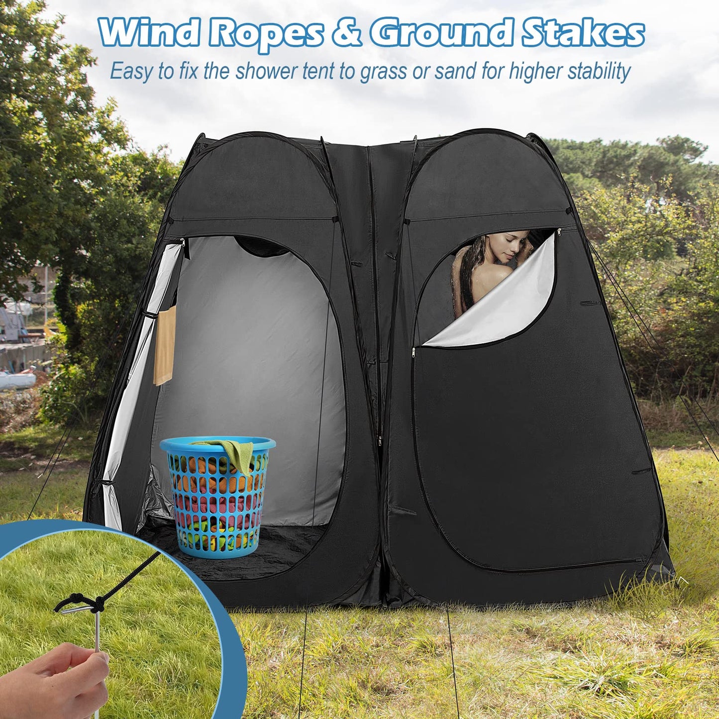 Goplus 2 Room Pop Up Shower Tent, 6.3FT Outdoor Portable Changing Room with Ground Stake, Wind Rope, Carry Bag, Window, Clothesline, Pocket, Privacy Instant Bathroom Tent for Camping Toilet
