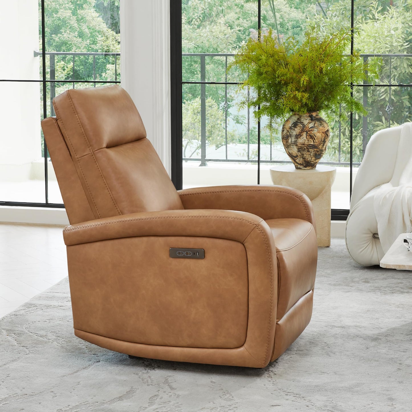 Watson & Whitely Power Recliner Chairs for Adults, Zero Wall Recliners W Power Headrest Type-C Charger, Small Faux Leather Home Theater Seating for Living Room & RV, Cognac Brown