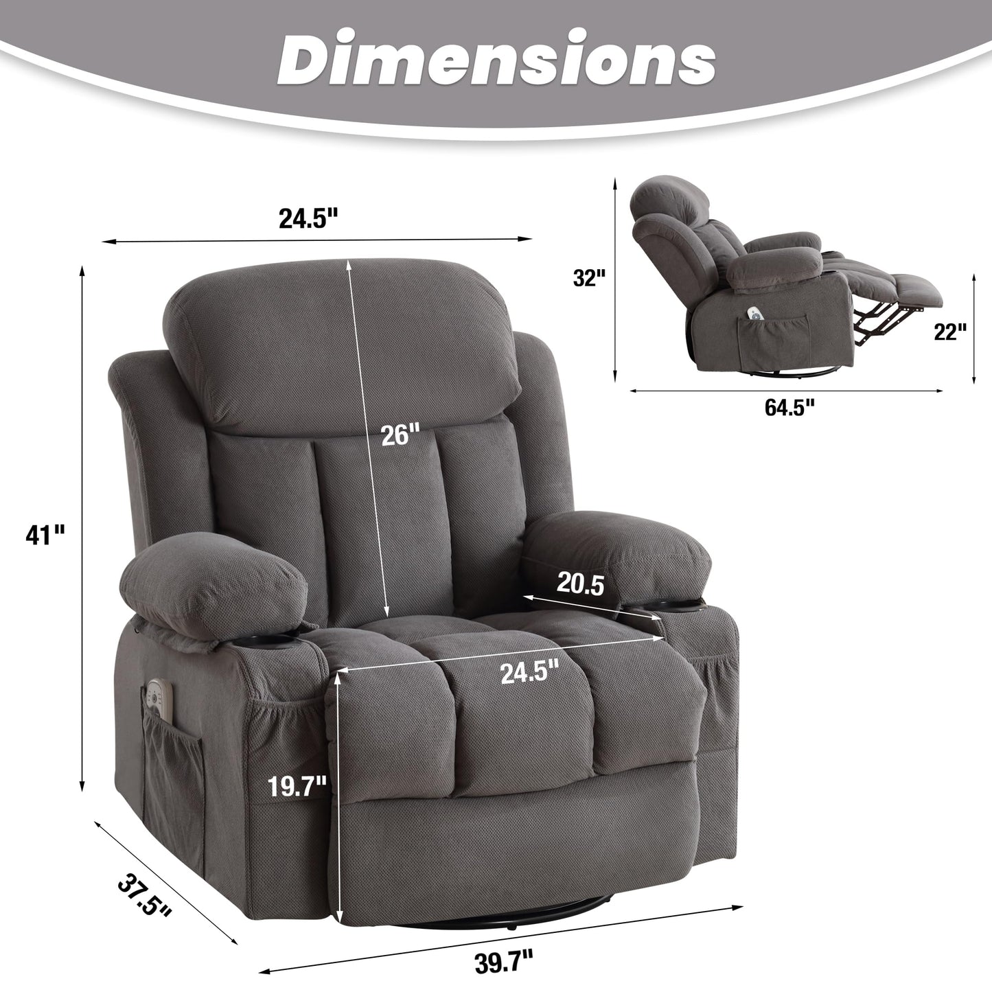BOSMILLER Rocker Recliner Chair with Heat and Massage, Swivel Recliner Chairs for Living Room, with Cup Holders, Side Pockets and USB,Grey
