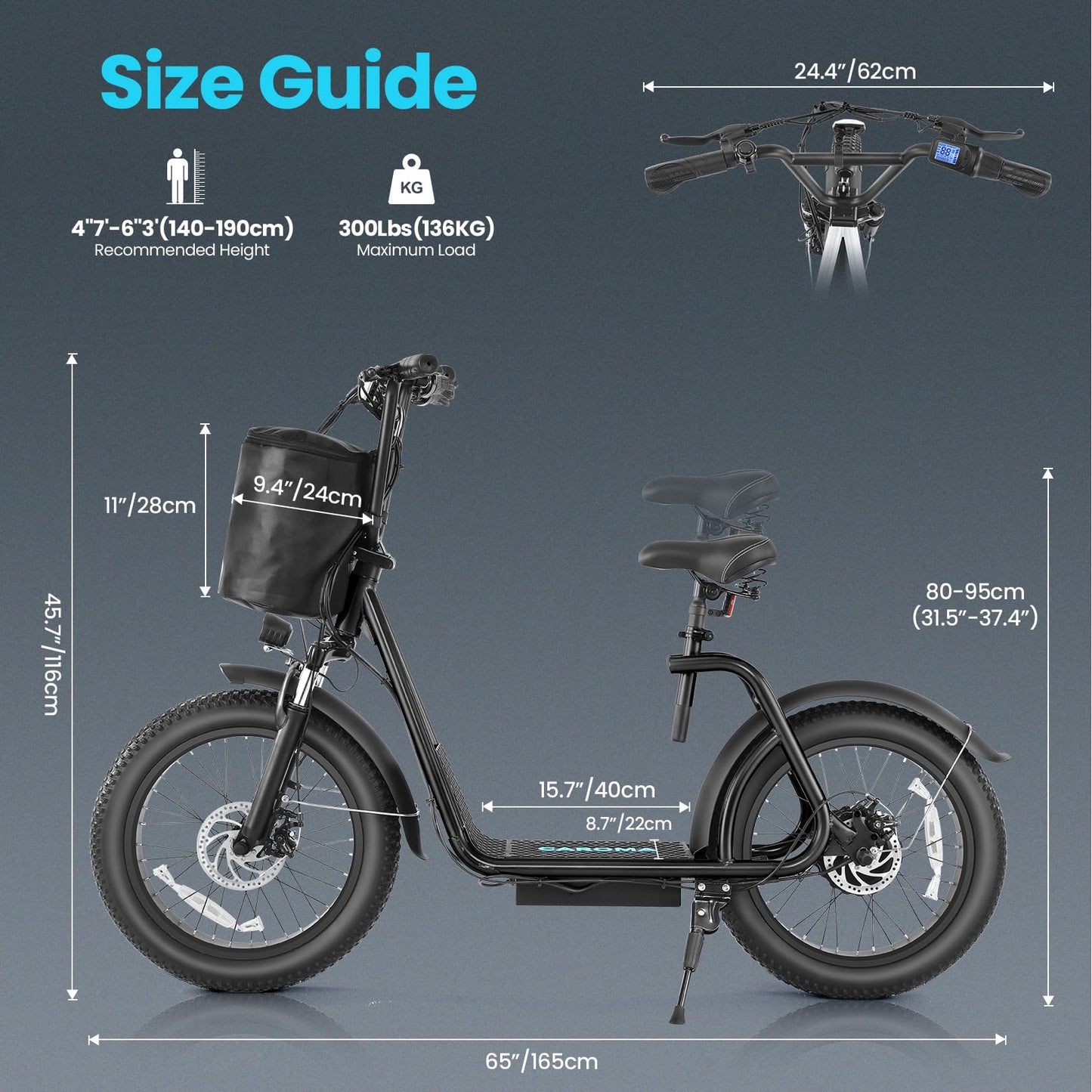 Caroma 819W Foldable Electric Scooter Adults, 20" Fat Tire Electric Bike with 500Wh Battery, Up to 30Miles & 20MPH, Adult Electric Bicycles for Commuting with Basket&Adjustable Seat(Black)