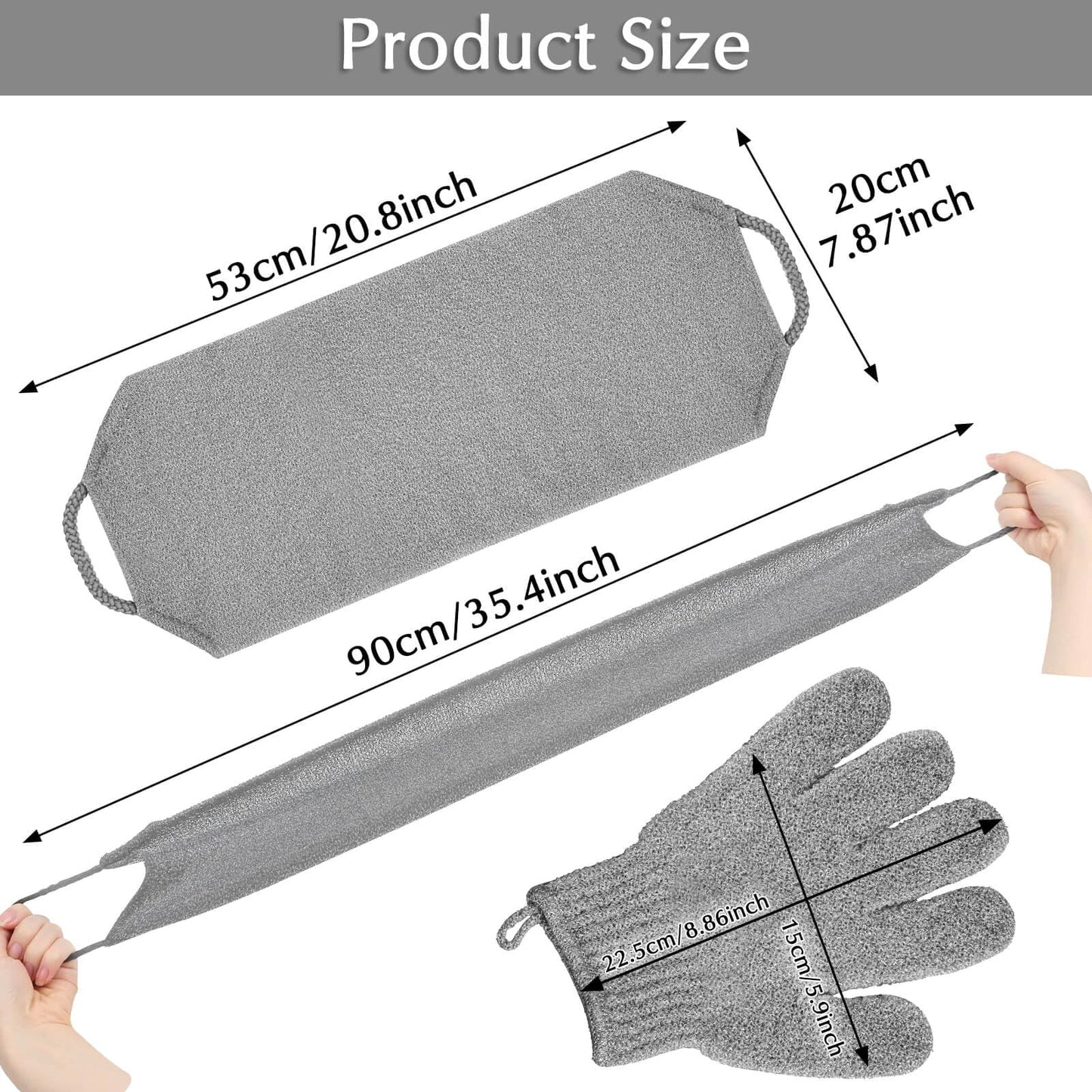 Anezus Exfoliating Back Scrubber Bath Gloves Set, Exfoliating Shower Towel with Shower Gloves for Body Scrub, Back Cleaner Wash Gloves to Remove Dead Skin (Grey)