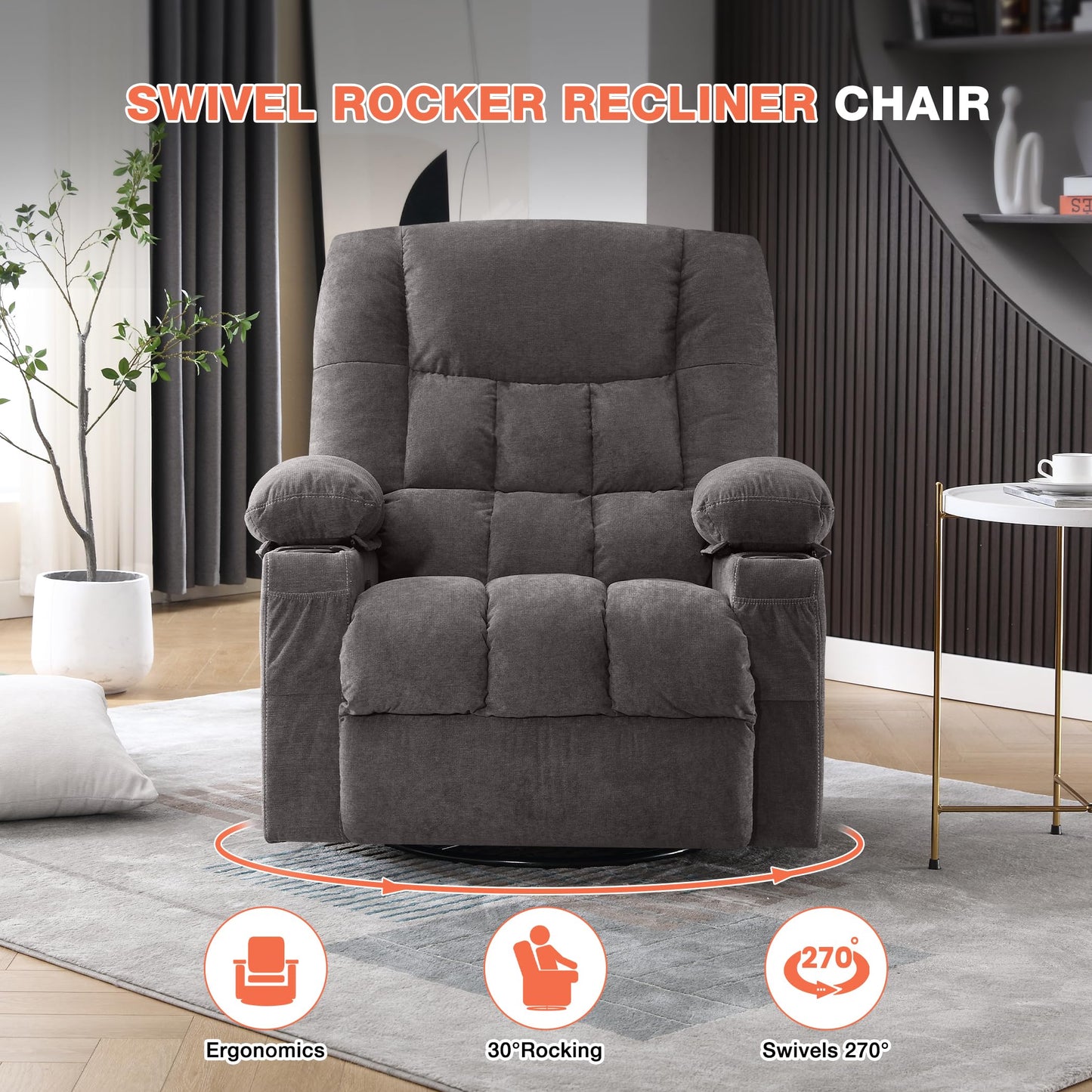 Power Swivel Recliner Chair with Rocking Function for Living Room, Oversized Rocker Recliner Single Sofa with Ergonomic, Side Pocket, Two Cup Holders and USB Charge Port for Adults