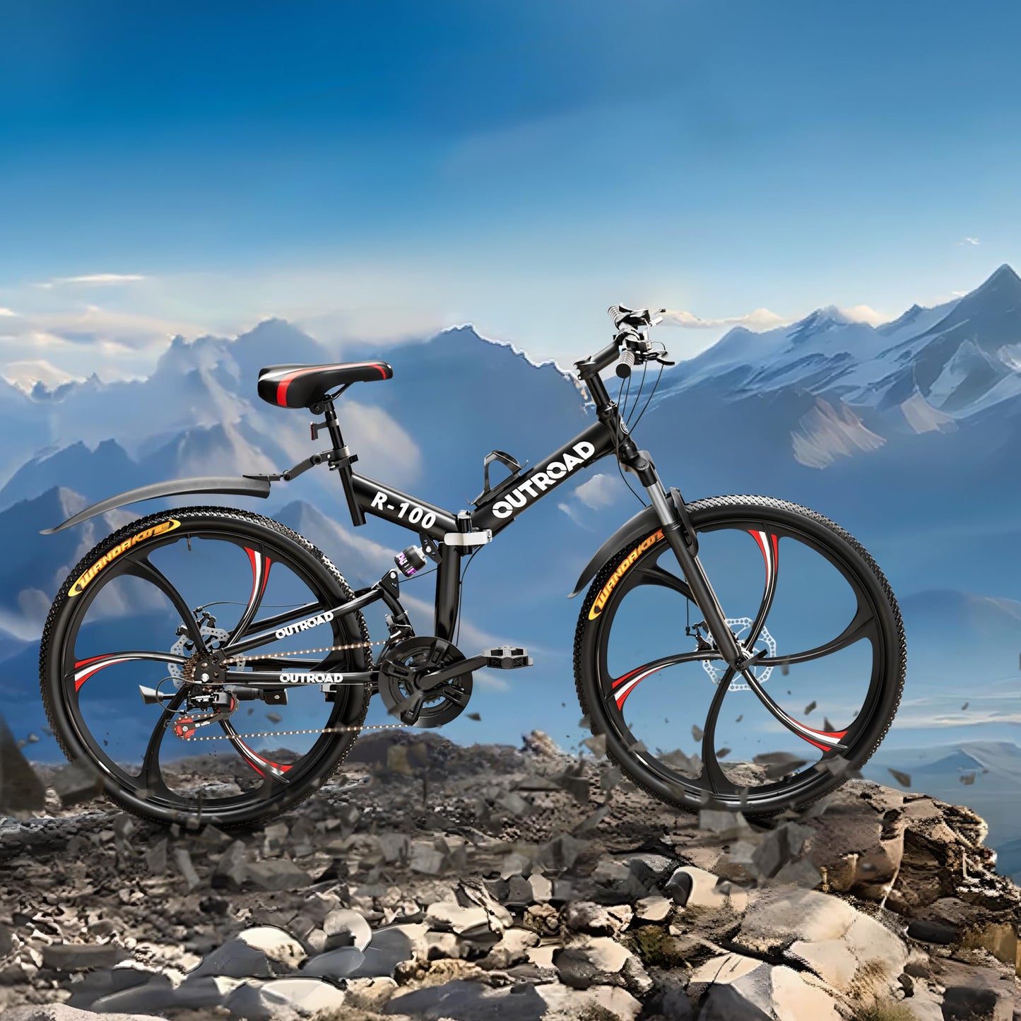 Outroad 26 Inch Folding Mountain Bike, 21 Speed Dual Disc Brake Non-Slip Folding Bikes, Full Suspension High-Carbon Steel MTB Foldable Bicycle for Adults/Men/Women, Black