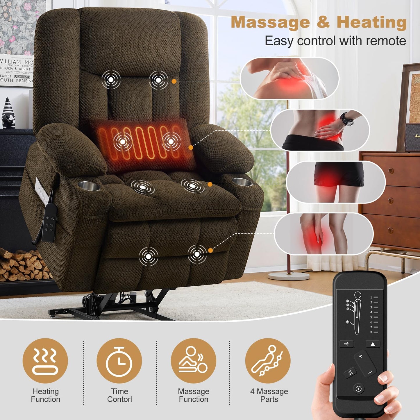 Madaha Electric Power Large Lift Recliner Chair Sofa with Massage and Heat for Elderly, Oversized Lay Flat Dual Motor Infinite Position Recliner Chair, Side Pockets, Cup Holders, USB Ports (Brown)
